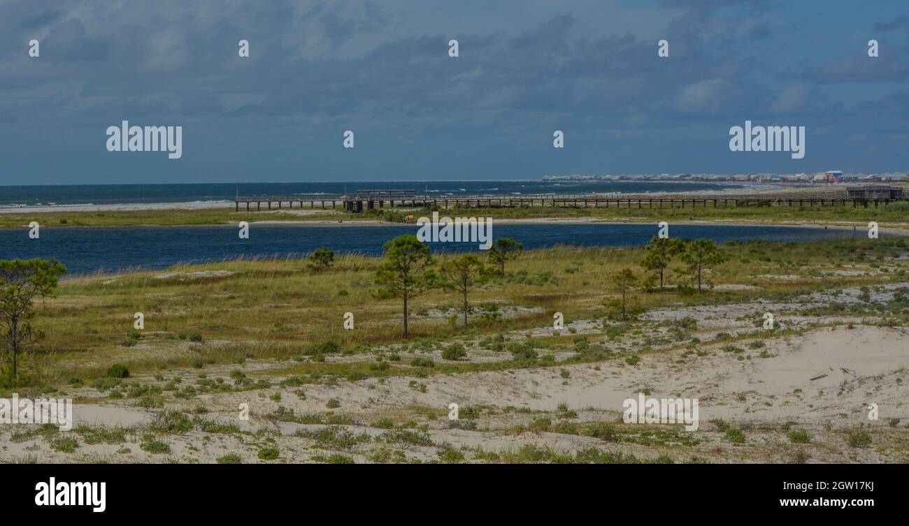 The view of Dauphin Beach and boardwalk on Dauphin Island, Mobile