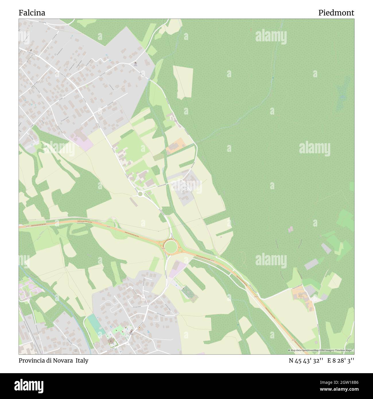 Falcina, Provincia di Novara, Italy, Piedmont, N 45 43' 32'', E 8 28' 3'', map, Timeless Map published in 2021. Travelers, explorers and adventurers like Florence Nightingale, David Livingstone, Ernest Shackleton, Lewis and Clark and Sherlock Holmes relied on maps to plan travels to the world's most remote corners, Timeless Maps is mapping most locations on the globe, showing the achievement of great dreams Stock Photo