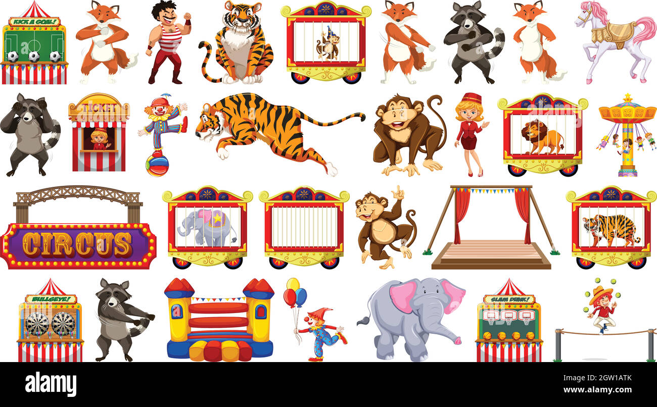 Circus set with animals rides and clowns on isolated background Stock ...