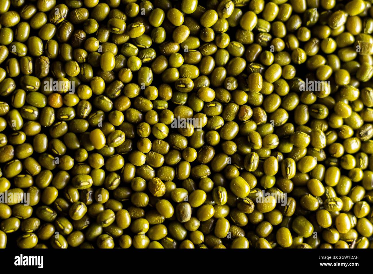 Full Frame Top View Shot Of Mung Bean, Green Gram, Maash Or Moong Of Legume Family Stock Photo