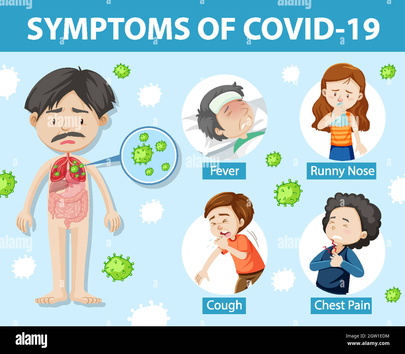 Symptoms of covid-19 or coronavirus cartoon style infographic Stock Vector