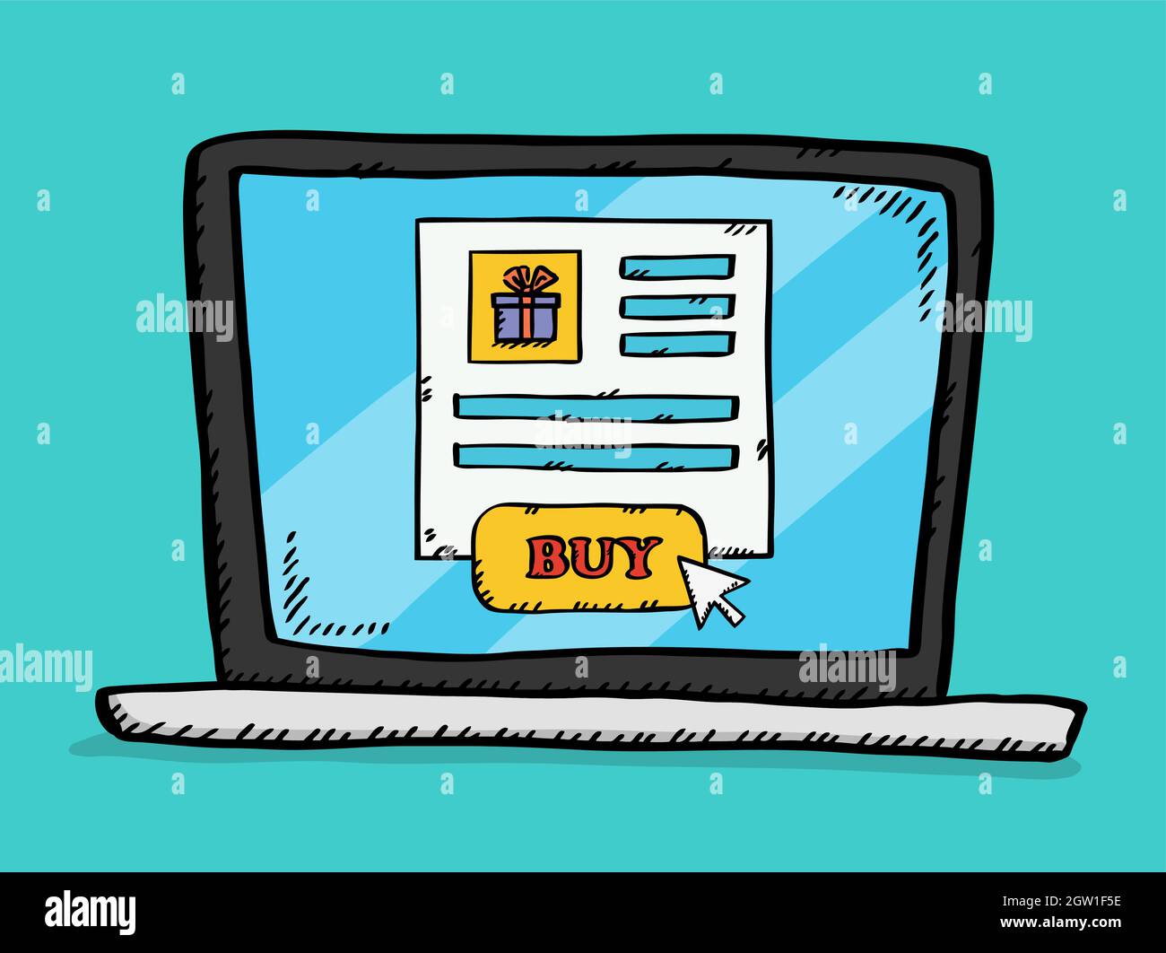 Vector illustration of internet shop page on laptop screen. User arrow is clicking BUY button. Hand drawn colorful doodle image. Stock Vector