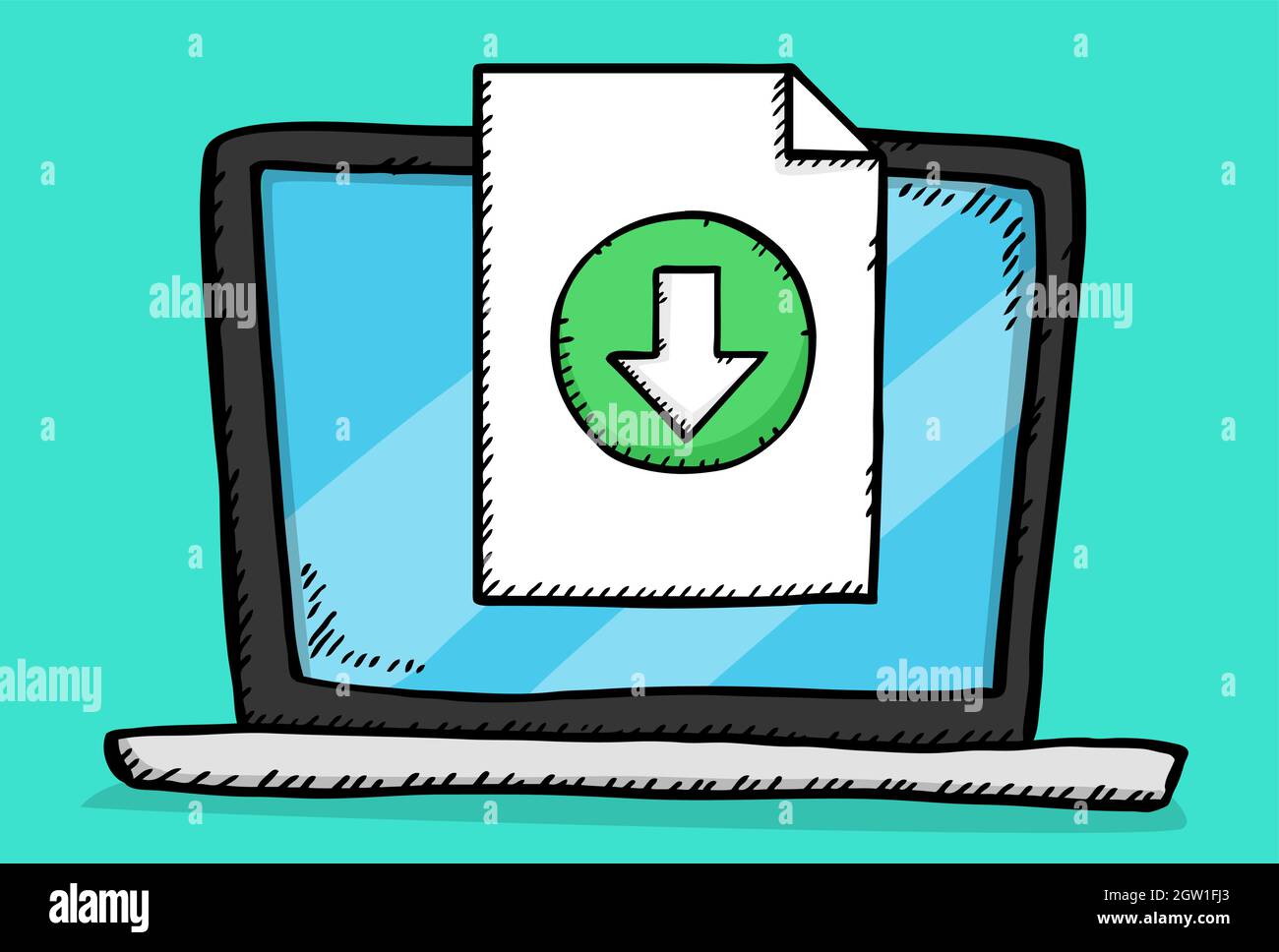 Hand drawn vector illustration of downloading file, on laptop screen. Colorful doodle with download button. Stock Vector