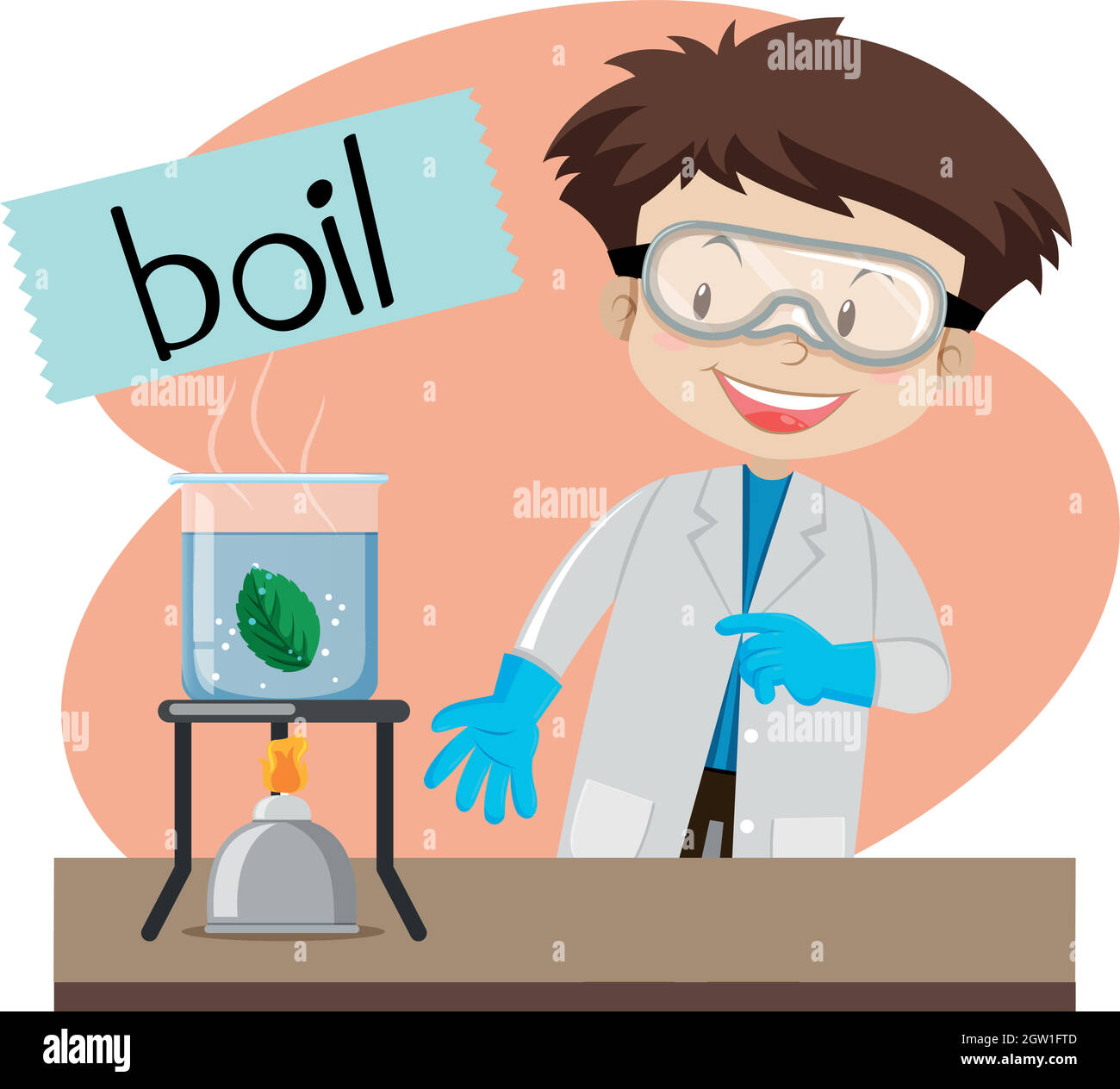 Wordcard for boil with boy doing science lab Stock Vector