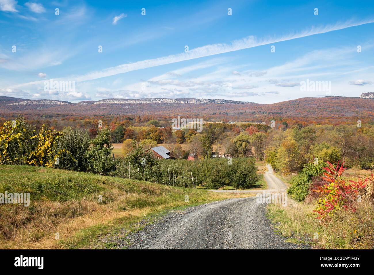 Beautiful autumn day in Ulster County New York with the Shawangunk Mountains, a popular climbing destination in the background. Stock Photo