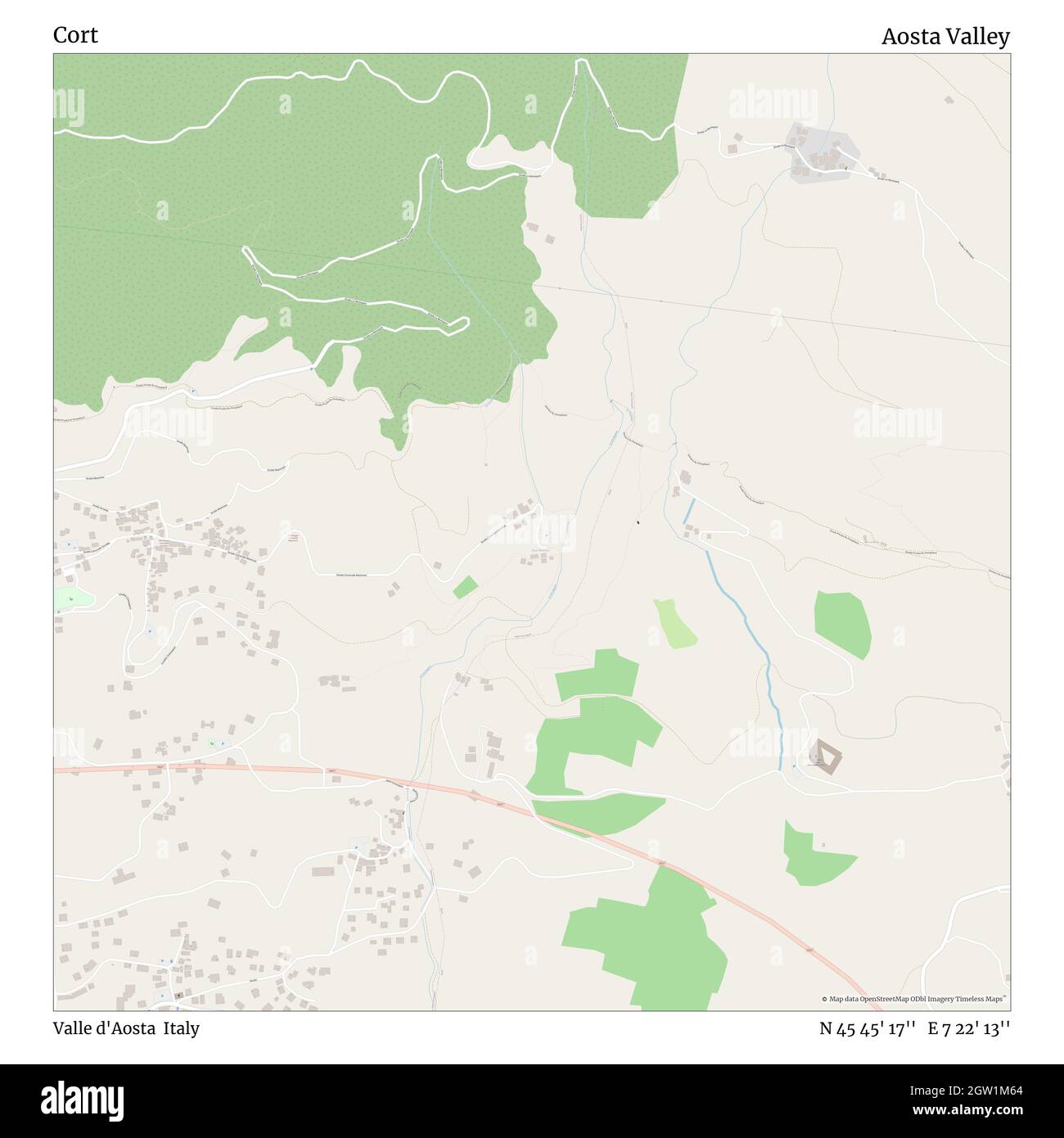 Cort, Valle d'Aosta, Italy, Aosta Valley, N 45 45' 17'', E 7 22' 13'', map, Timeless Map published in 2021. Travelers, explorers and adventurers like Florence Nightingale, David Livingstone, Ernest Shackleton, Lewis and Clark and Sherlock Holmes relied on maps to plan travels to the world's most remote corners, Timeless Maps is mapping most locations on the globe, showing the achievement of great dreams Stock Photo