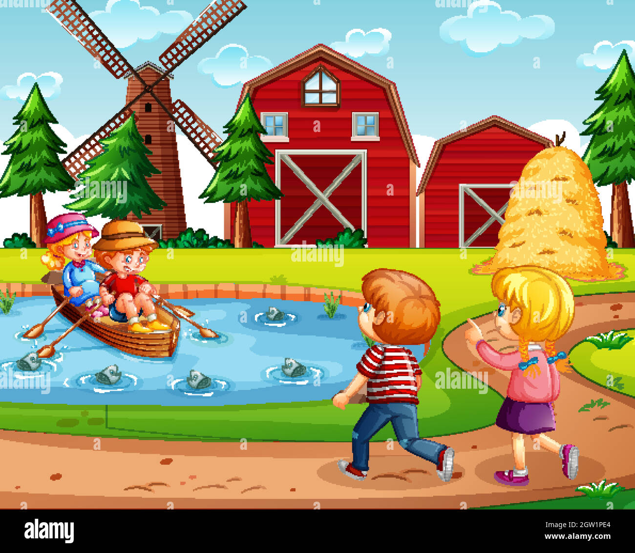 Four kids in the farm with red barn and windmill scene Stock Vector