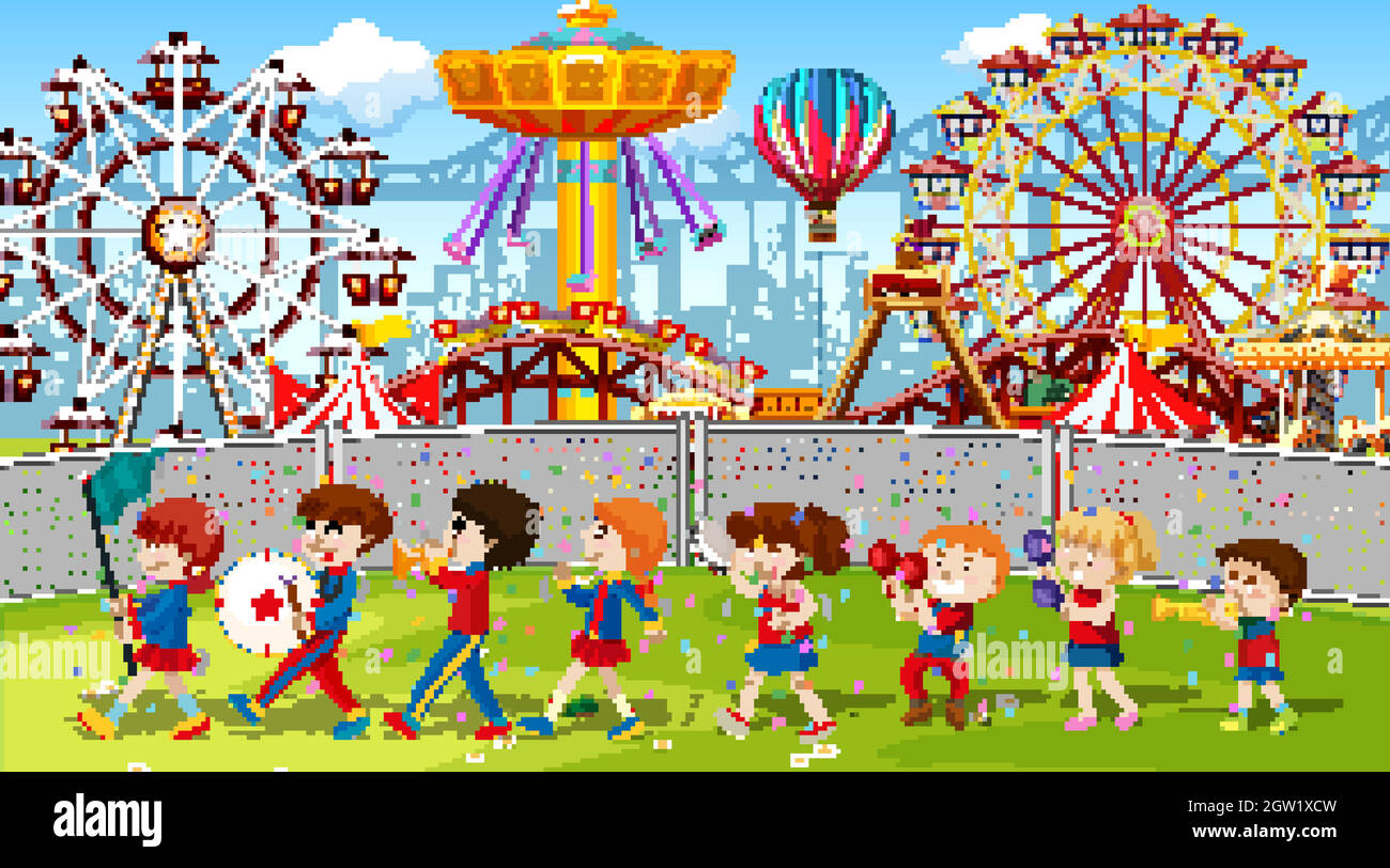 Themepark scene with many rides with children in the band Stock Vector