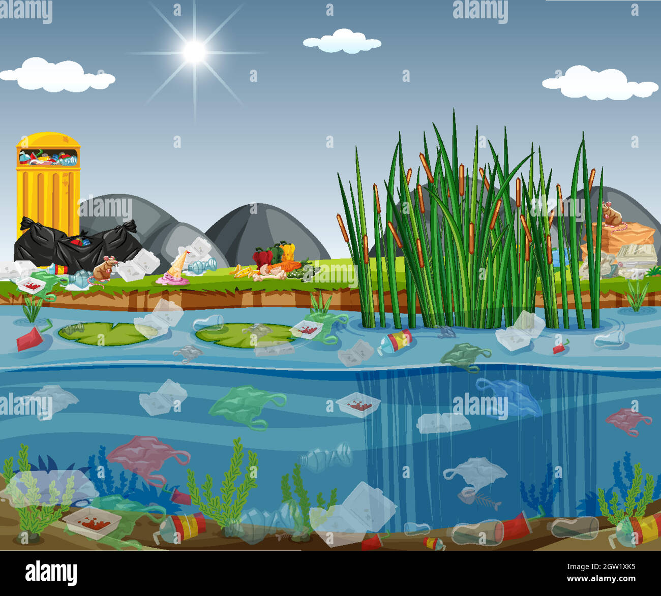 Water pollution with plastic bags in river Stock Vector