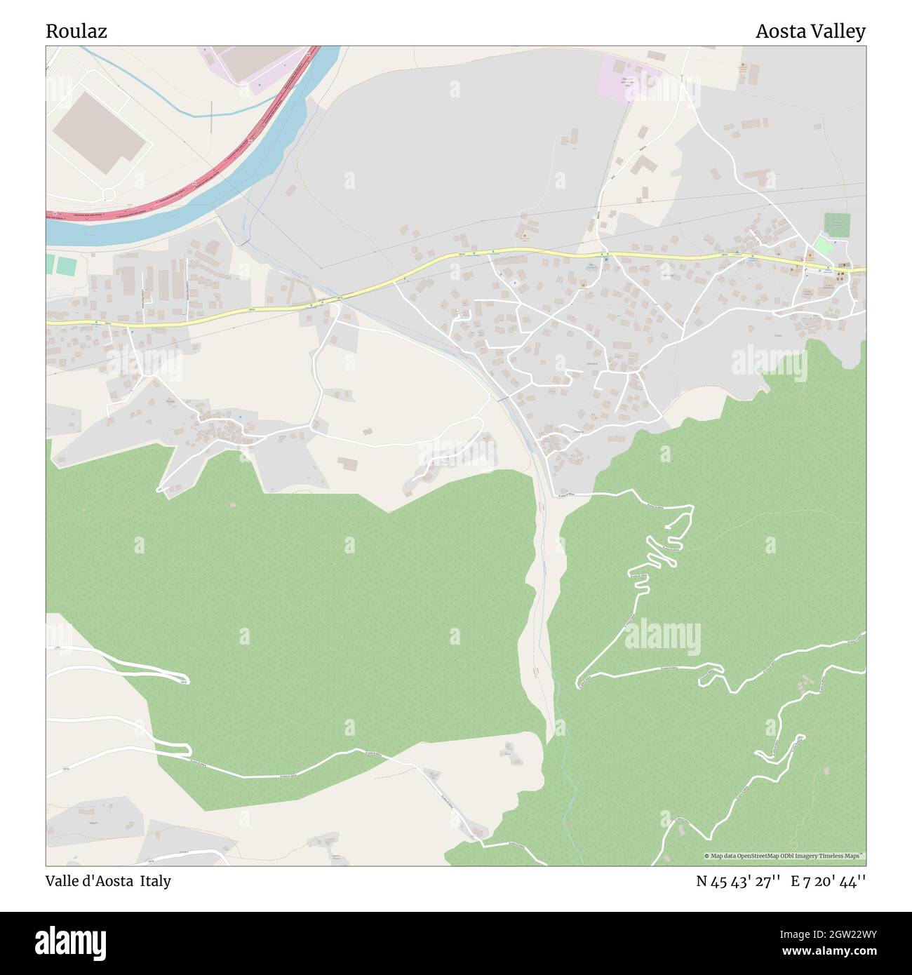 Roulaz, Valle d'Aosta, Italy, Aosta Valley, N 45 43' 27'', E 7 20' 44'', map, Timeless Map published in 2021. Travelers, explorers and adventurers like Florence Nightingale, David Livingstone, Ernest Shackleton, Lewis and Clark and Sherlock Holmes relied on maps to plan travels to the world's most remote corners, Timeless Maps is mapping most locations on the globe, showing the achievement of great dreams Stock Photo