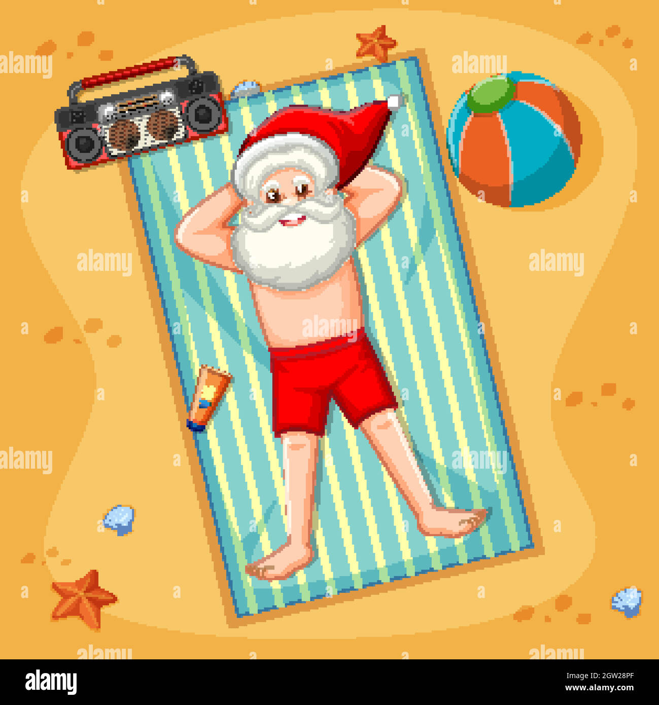 Santa Claus taking sun bath on the beach with summer element Stock Vector