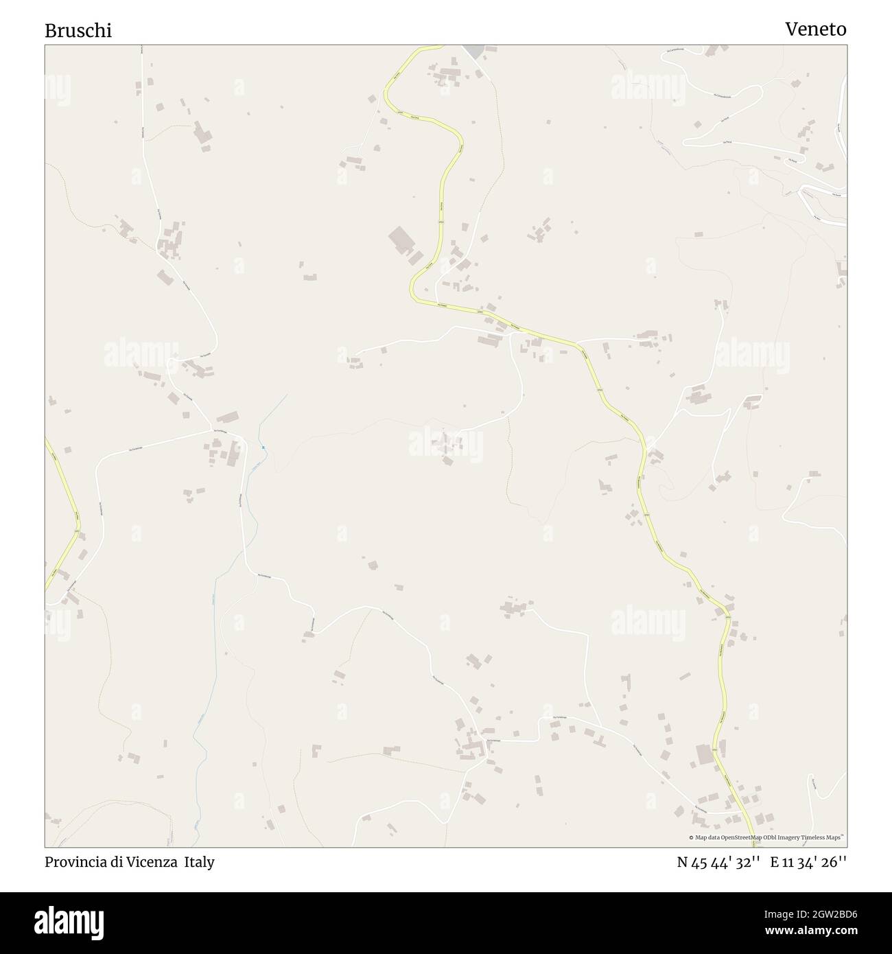 Bruschi, Provincia di Vicenza, Italy, Veneto, N 45 44' 32'', E 11 34' 26'', map, Timeless Map published in 2021. Travelers, explorers and adventurers like Florence Nightingale, David Livingstone, Ernest Shackleton, Lewis and Clark and Sherlock Holmes relied on maps to plan travels to the world's most remote corners, Timeless Maps is mapping most locations on the globe, showing the achievement of great dreams Stock Photo