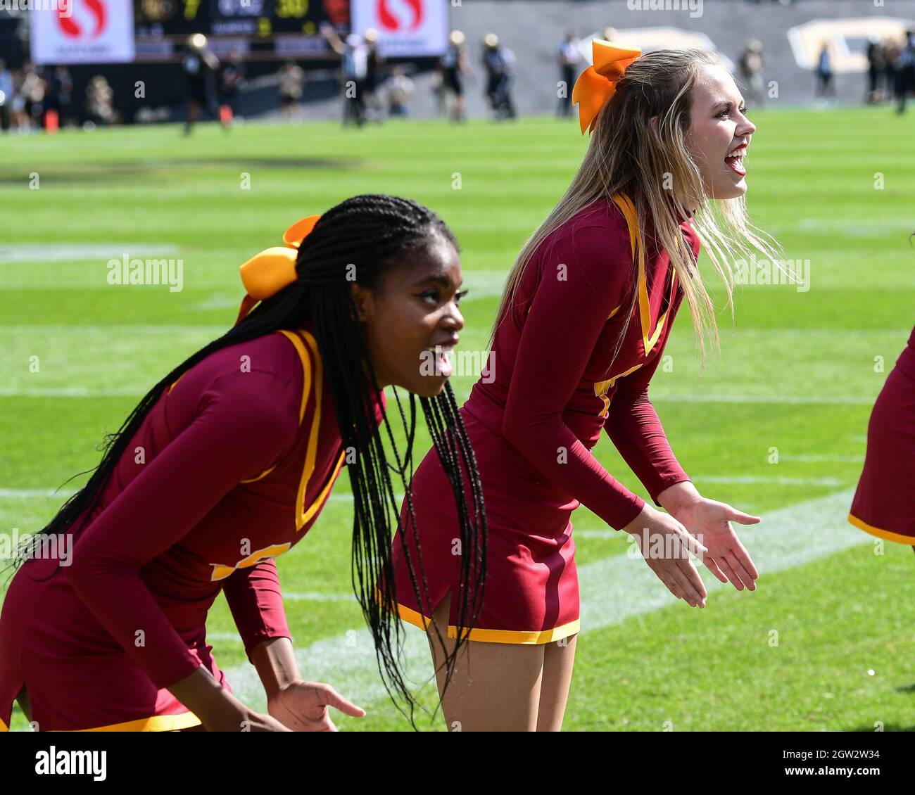 Boulder, CO, USA. 02nd Oct, 2021. USC cheerleaders urge on the visiting fans during the football game between Colorado and USC at Folsom Field in Boulder, CO. Colorado lost 37-14. Derek Regensburger/CSM/Alamy Live News Stock Photo