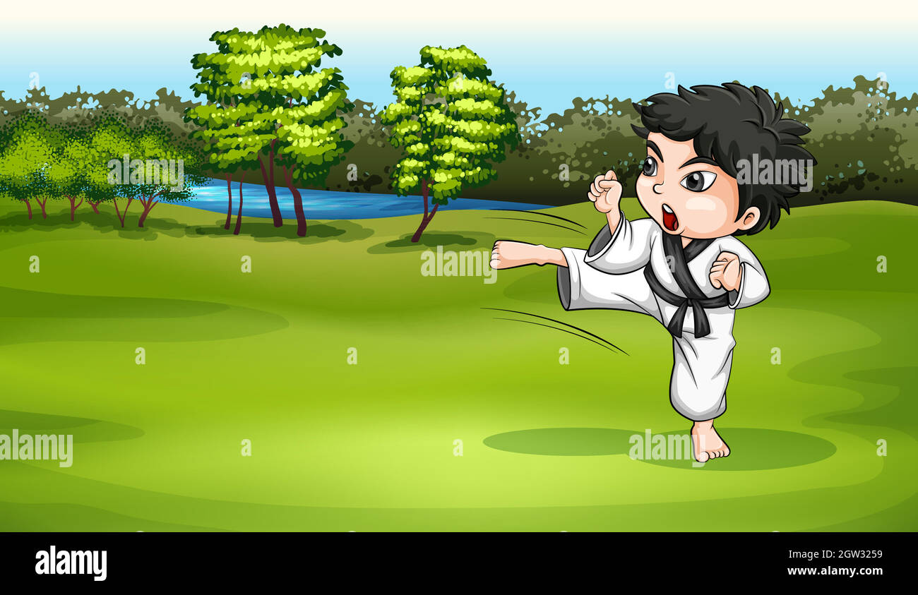 A young boy practicing karate near the river Stock Vector