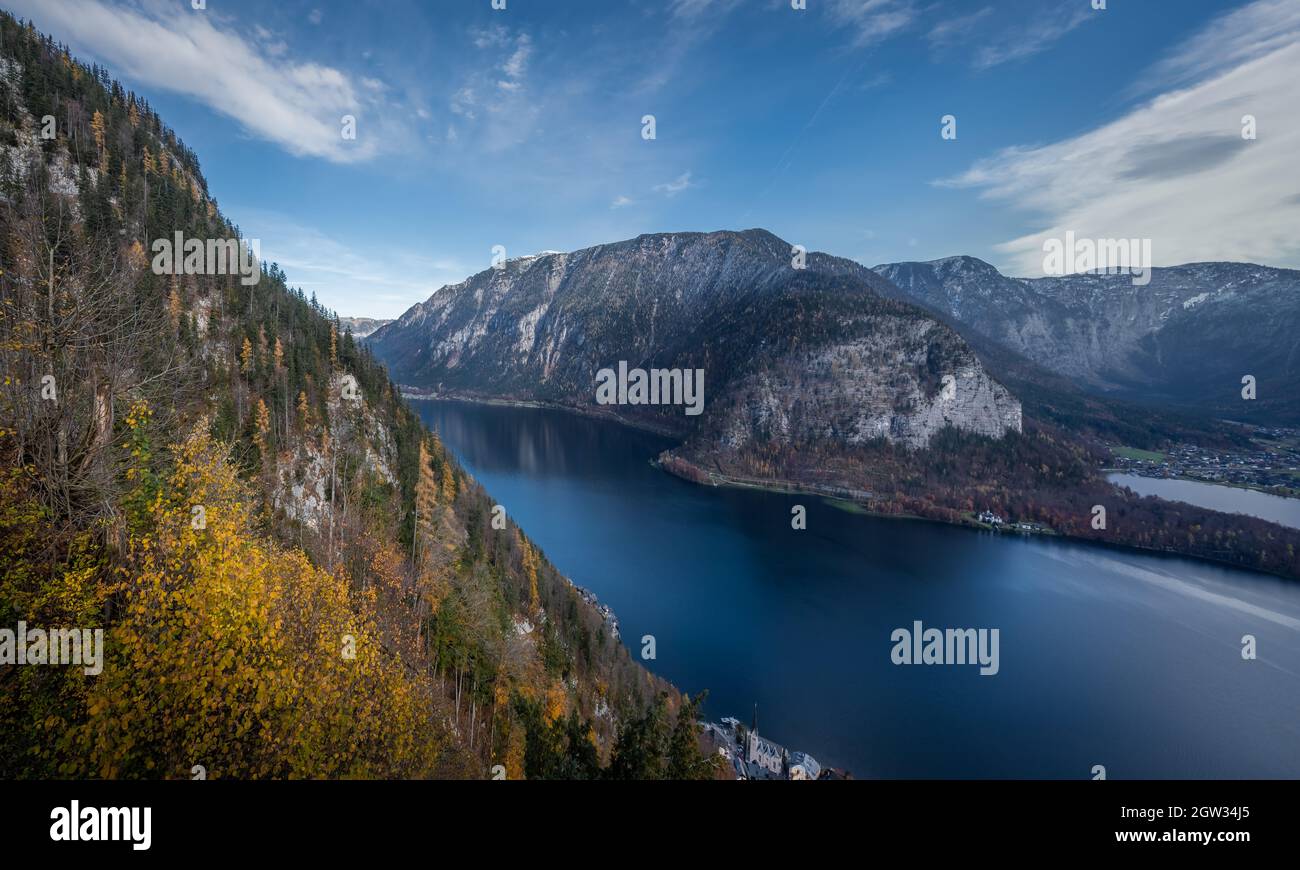 Panoramic aerial view of Lake Hallstatt and Mountains - Hallstatt, Austria Stock Photo