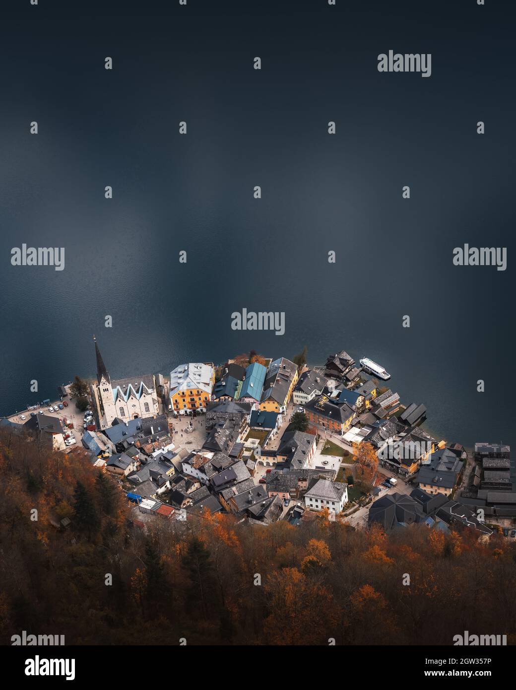 Aerial Top-Down View of Hallstatt village - Hallstatt, Austria Stock Photo