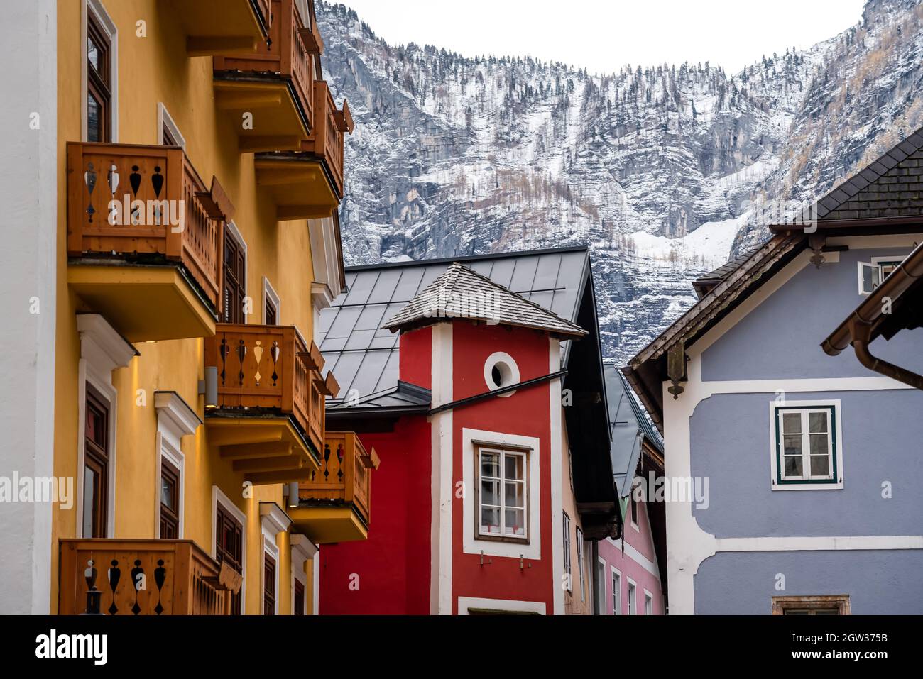 Hallstatt village colorful buildings and mountains - Hallstatt, Austria Stock Photo