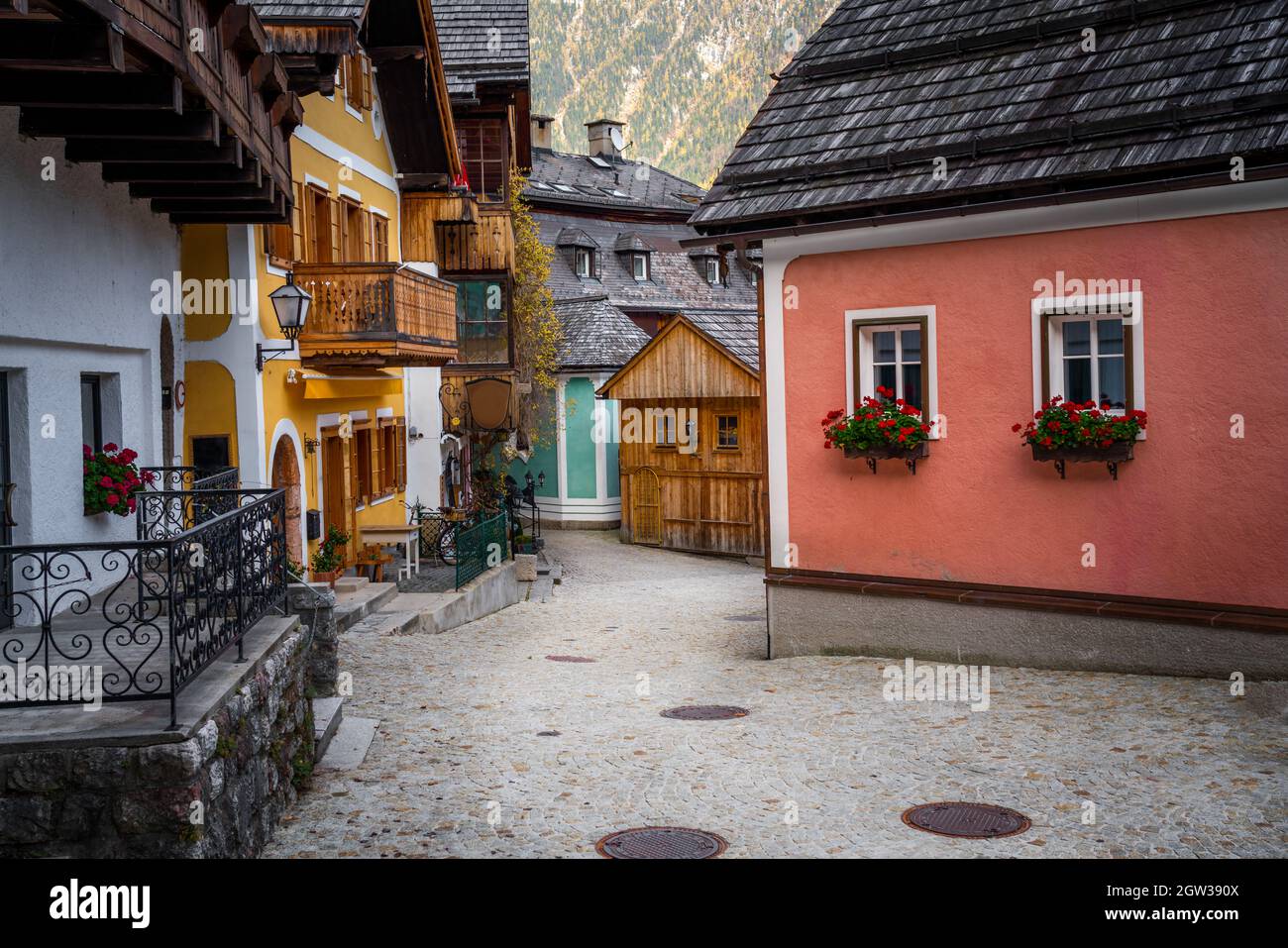 Hallstatt village colorful buildings - Hallstatt, Austria Stock Photo