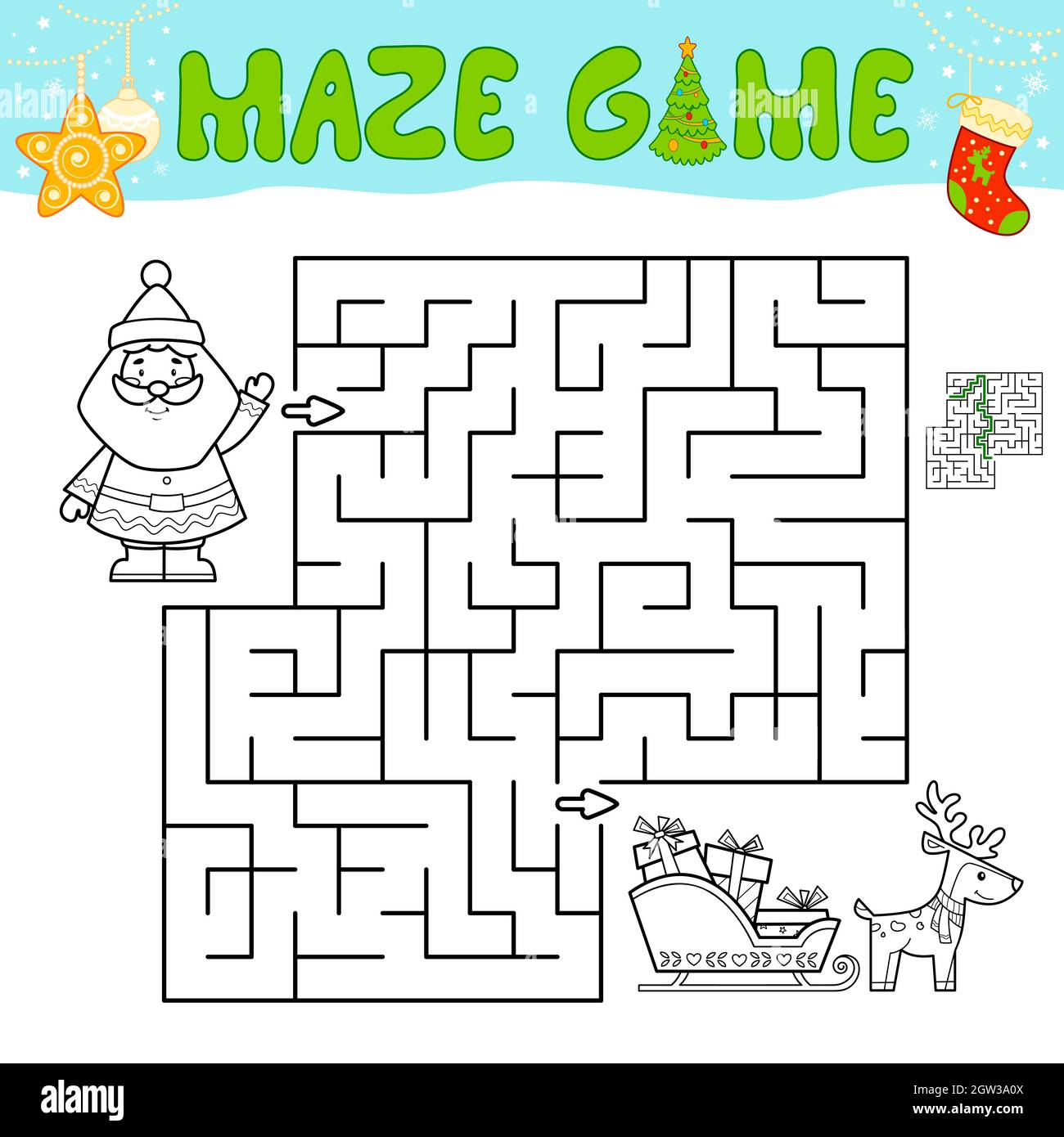 Christmas Maze puzzle game for children. Outline maze or labyrinth game ...