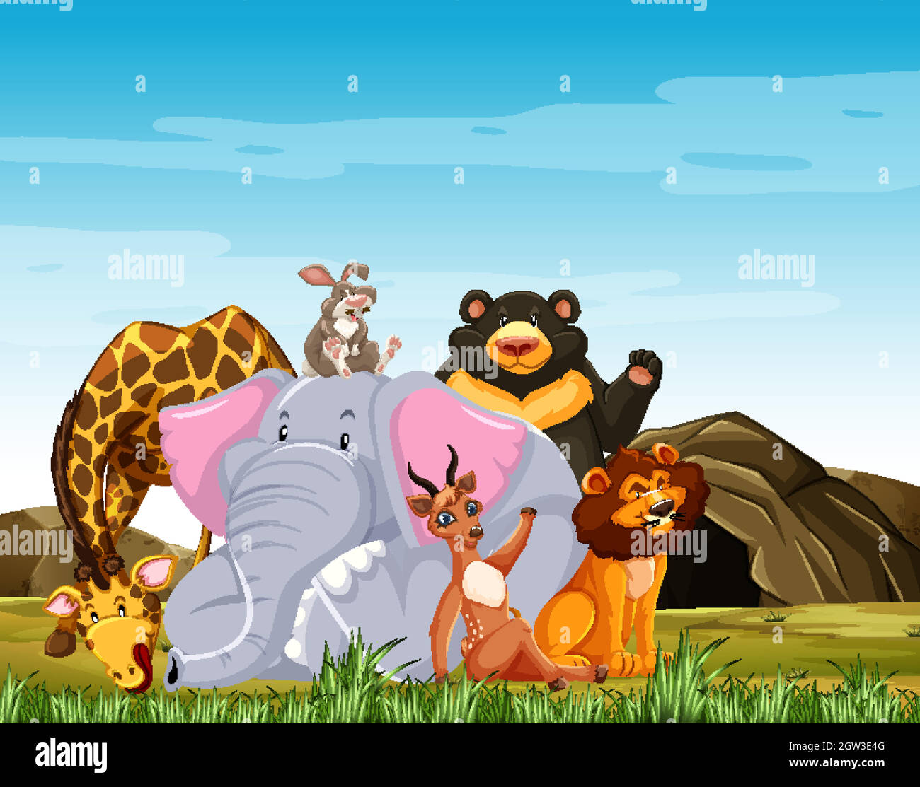 Wild animals group are posing smile cartoon style isolated on forest background Stock Vector