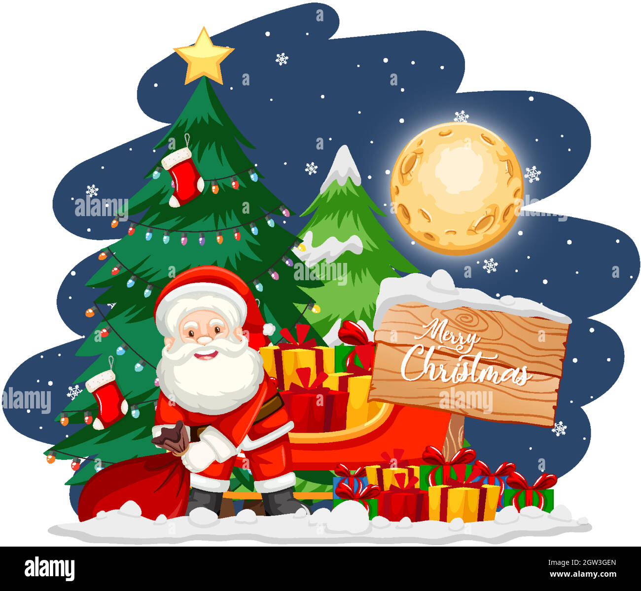 Santa Claus with christmas tree and snowman at night Stock Vector