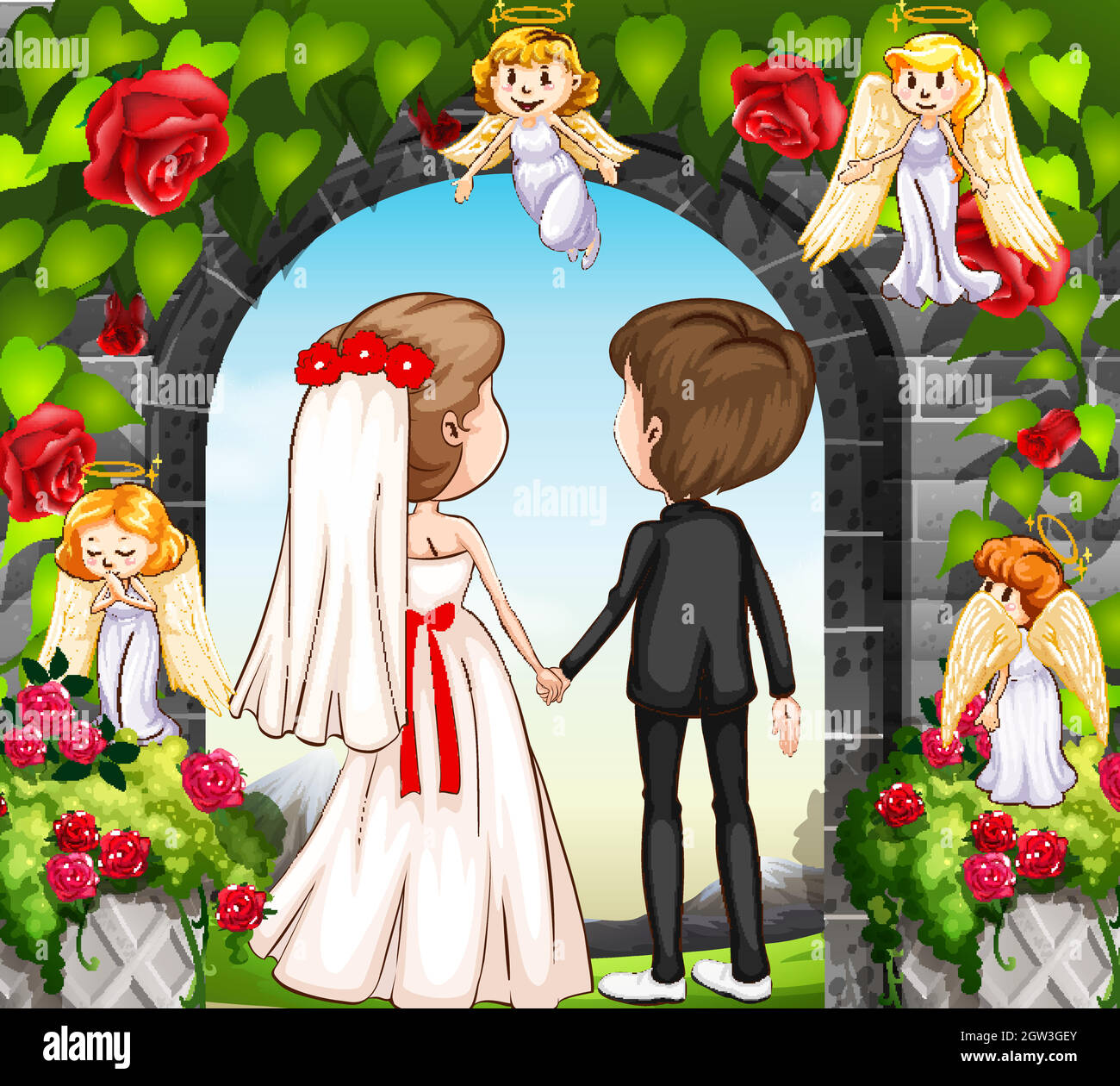Wedding couple at the rose garden Stock Vector