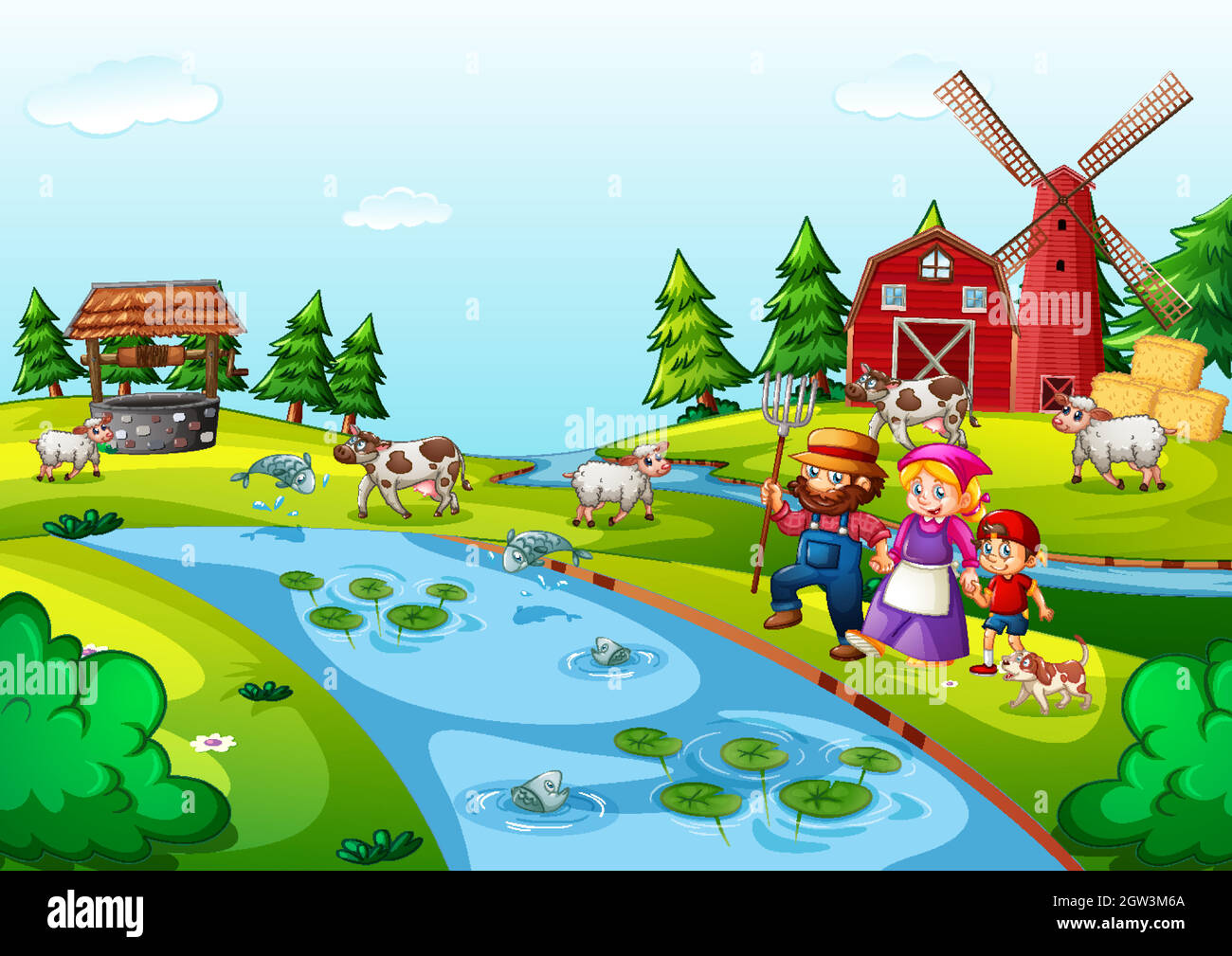Farm with red barn and windmill scene Stock Vector