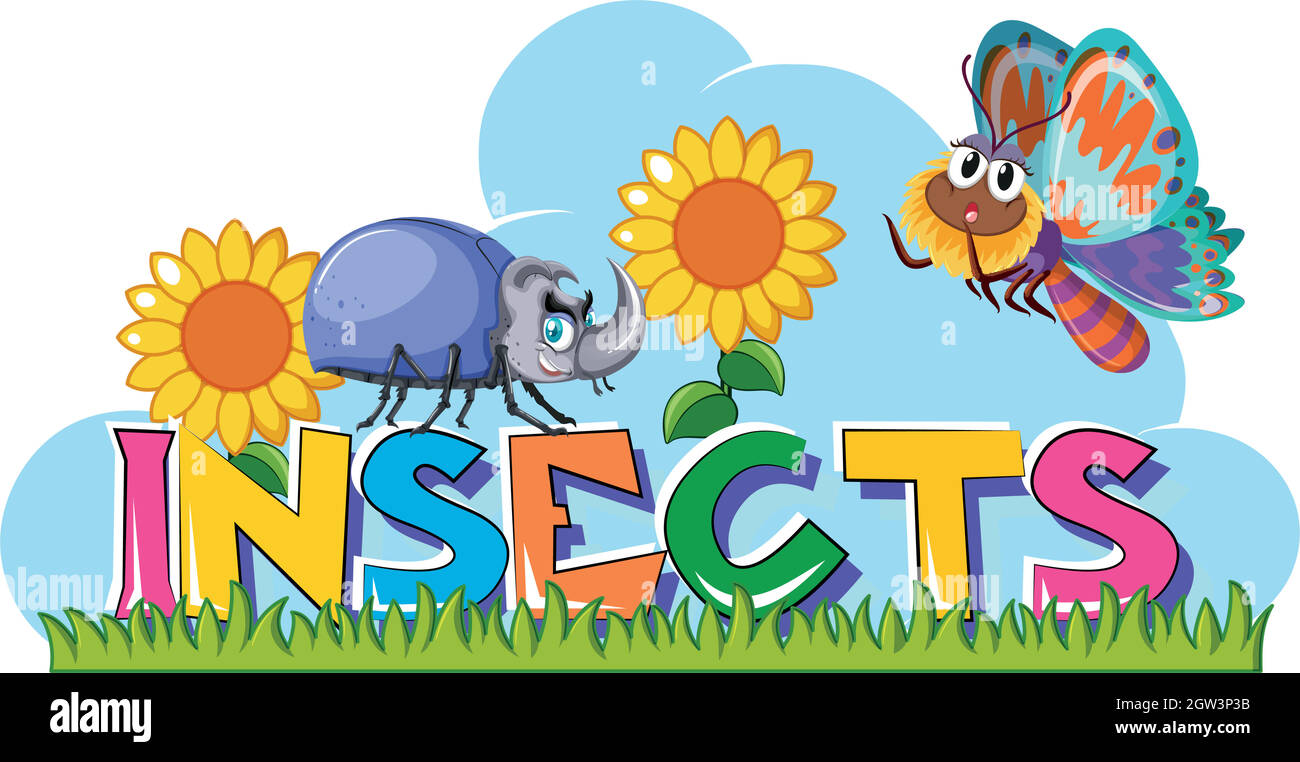 Word insects with beetle and butterfly in garden Stock Vector Image