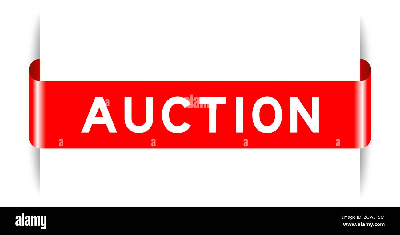 Red color inserted label banner with word auction on white background ...