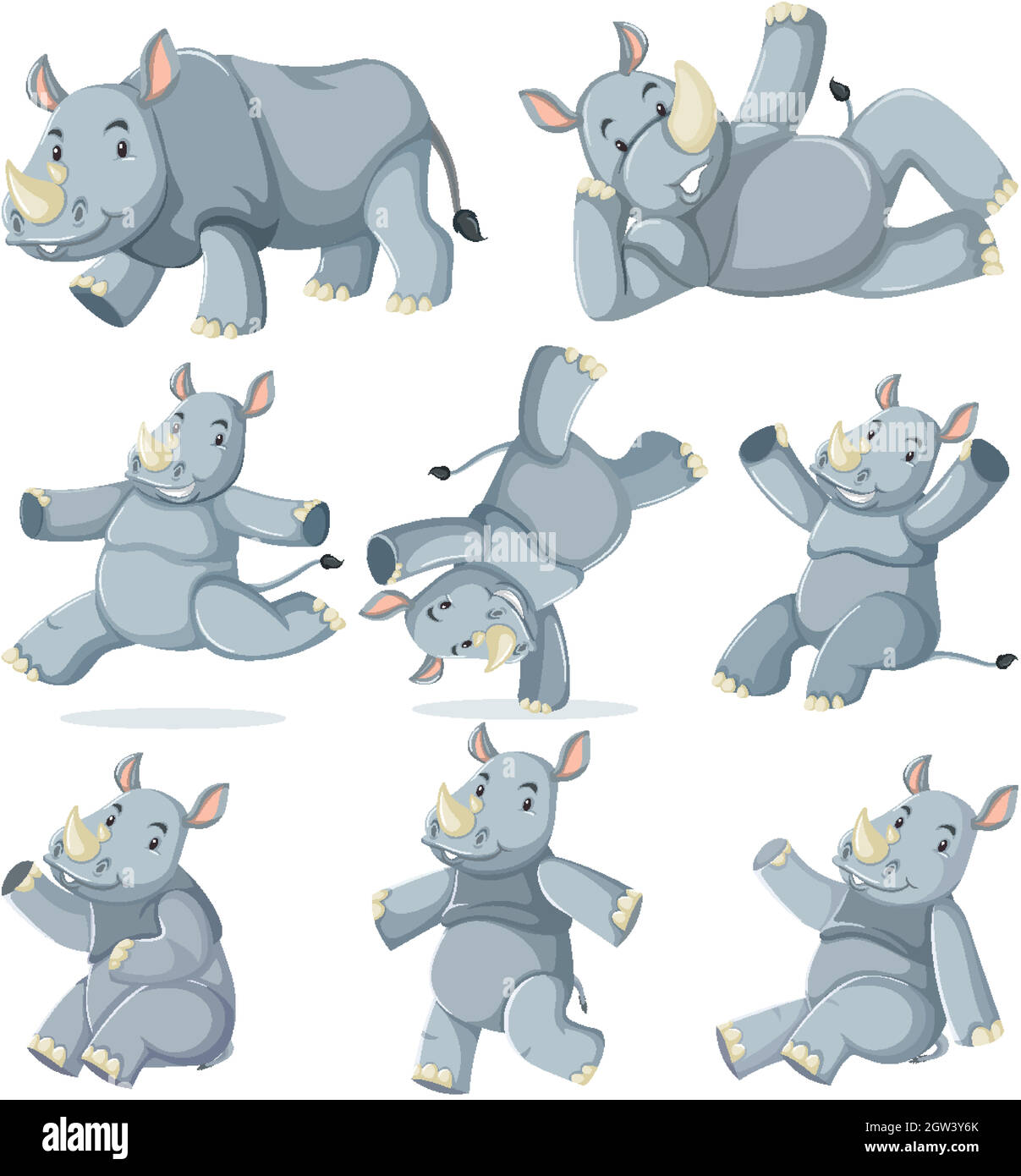 Set of rhinoceros cartoon character Stock Vector
