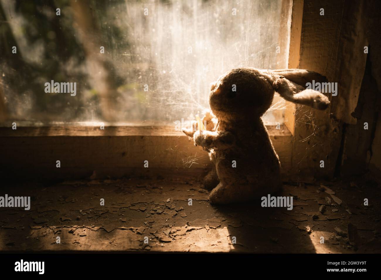 Stuffed Bunny toy silhouette in the light of a window at Kindergarten  - Kopachi Village, Chernobyl Exclusion Zone, Ukraine Stock Photo