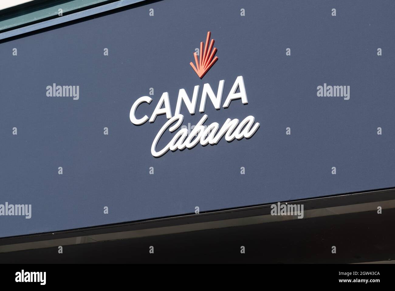 Toronto, Canada - October 2, 2021: Close up of Canna Cabana sign at one of  cannabis shop in Toronto, Canada. Stock Photo