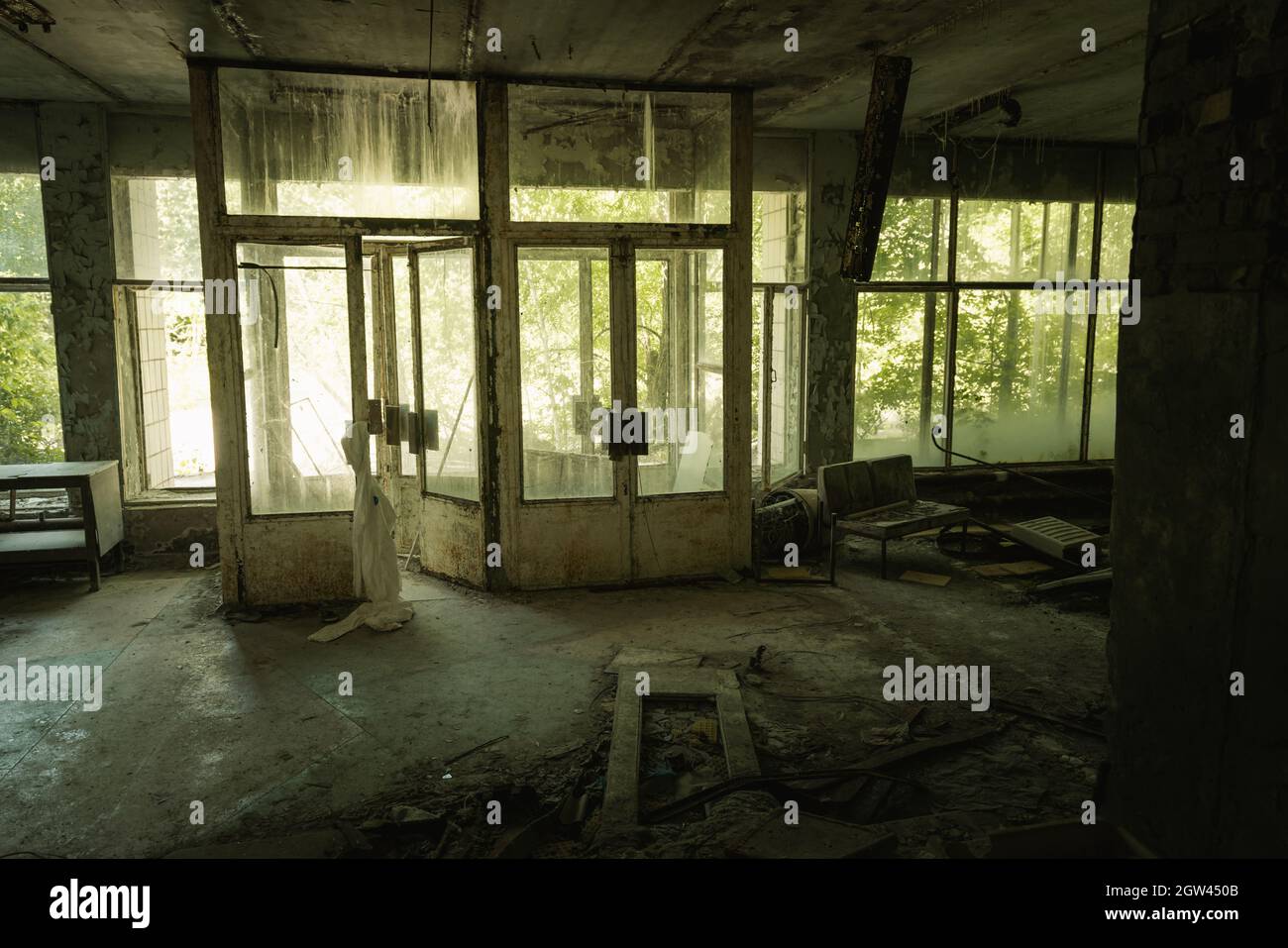 Entrance Doors at the reception of Pripyat Hospital - Pripyat, Chernobyl Exclusion Zone, Ukraine Stock Photo