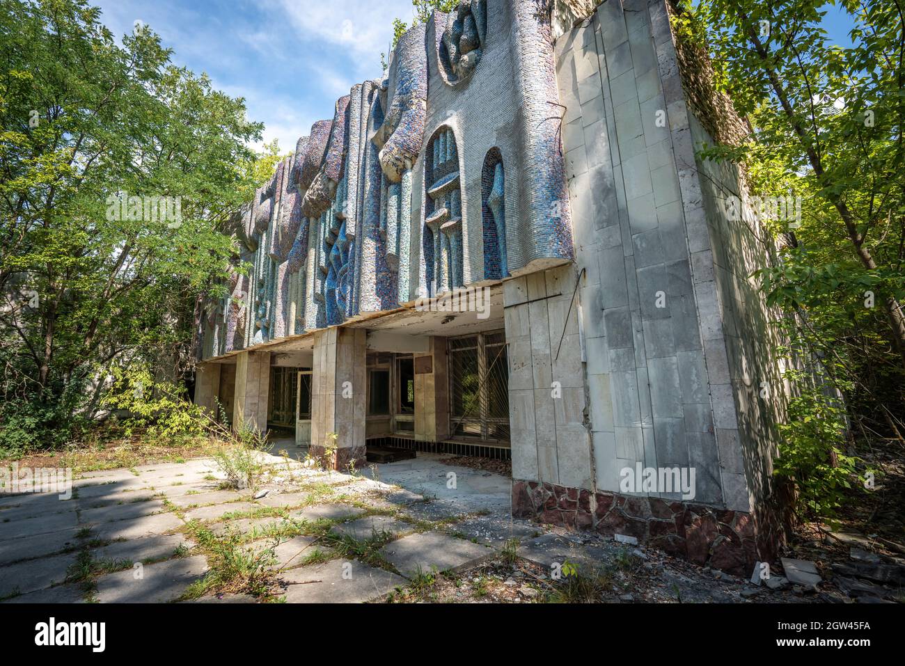 Pripyat Music School and Concert Hall facade - Pripyat, Chernobyl Exclusion Zone, Ukraine Stock Photo