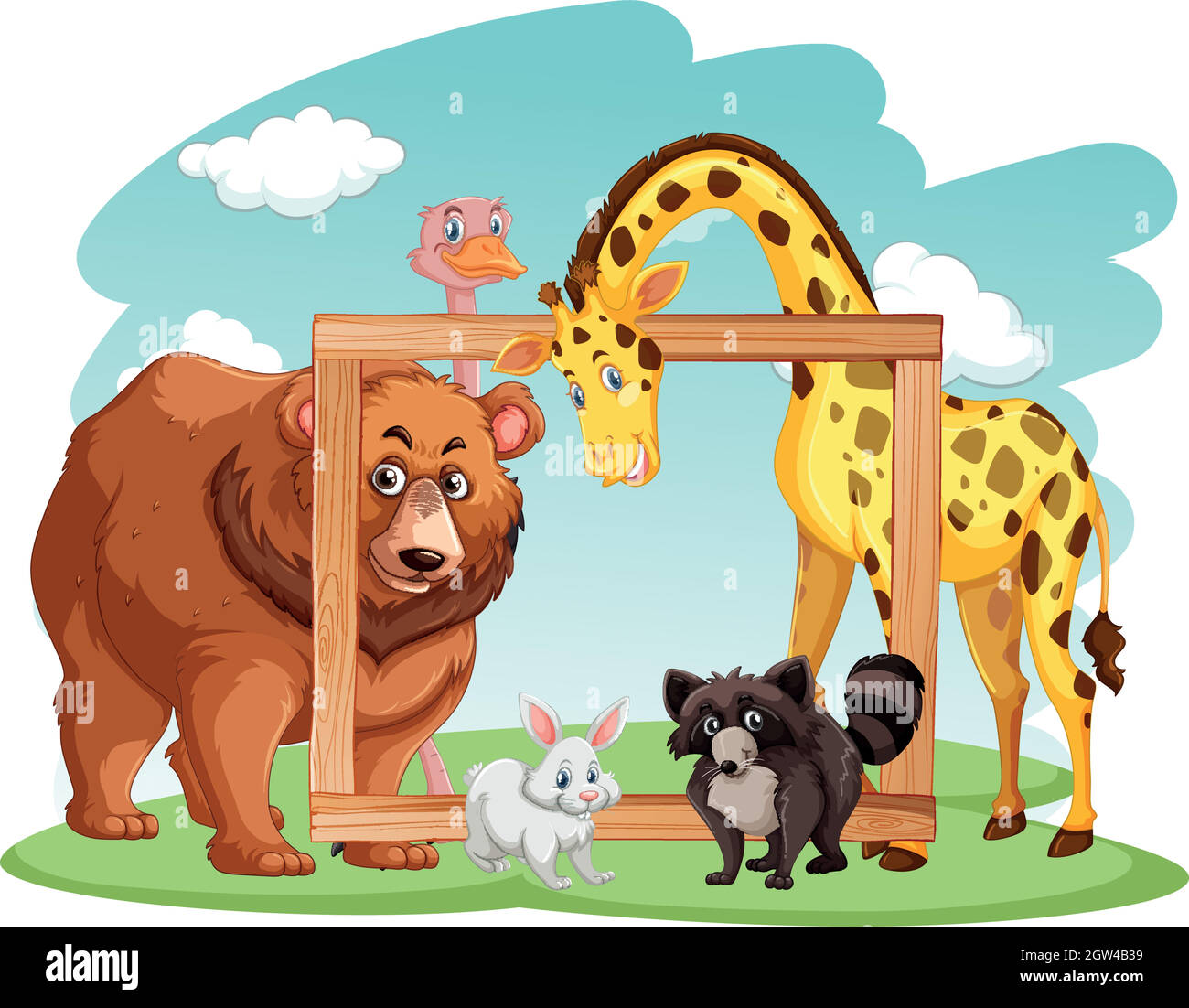 Wooden frame with many animals Stock Vector