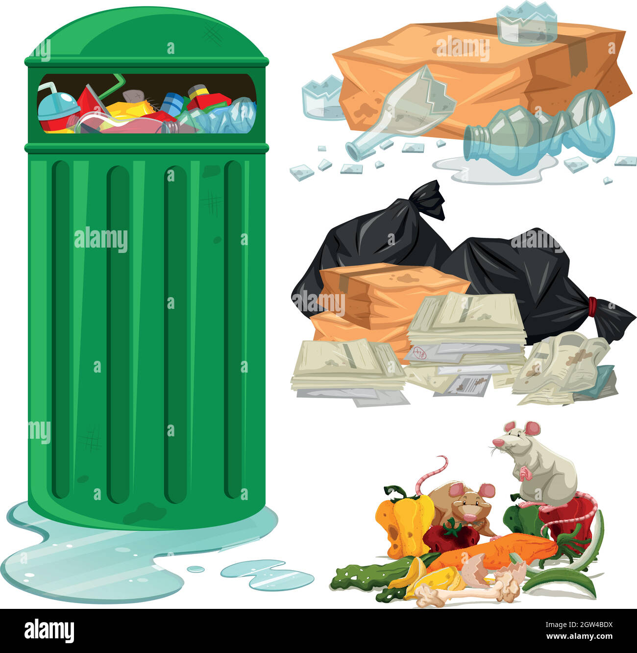 Trashcan and different types of trash Stock Vector