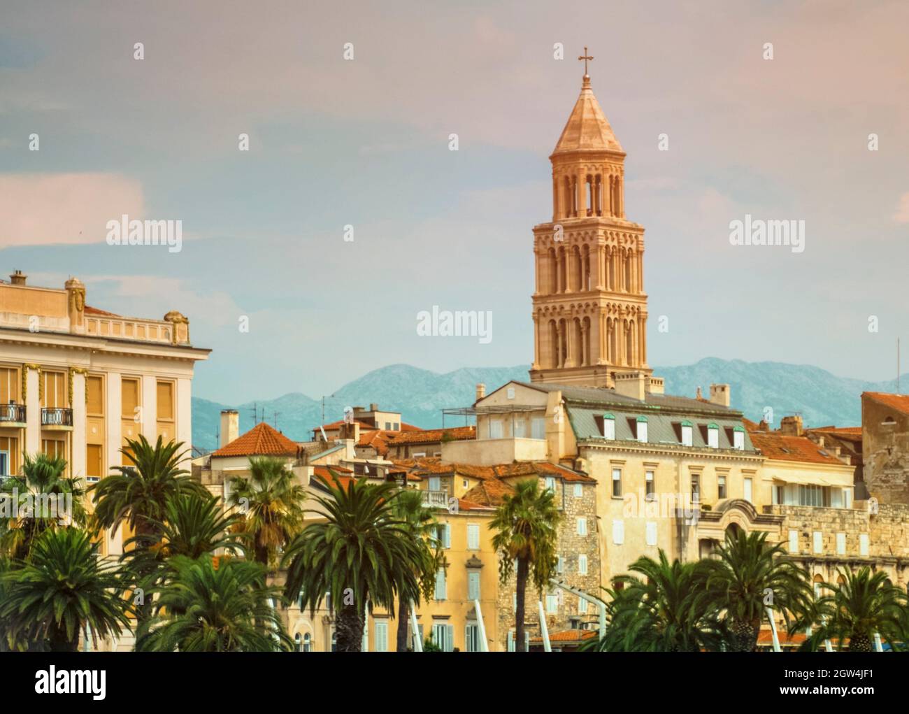 Riva Waterfront And Cathedral Of Saint Domnius, Dujam, Duje, Bell Tower In Old Town, Split, Croatia Stock Photo