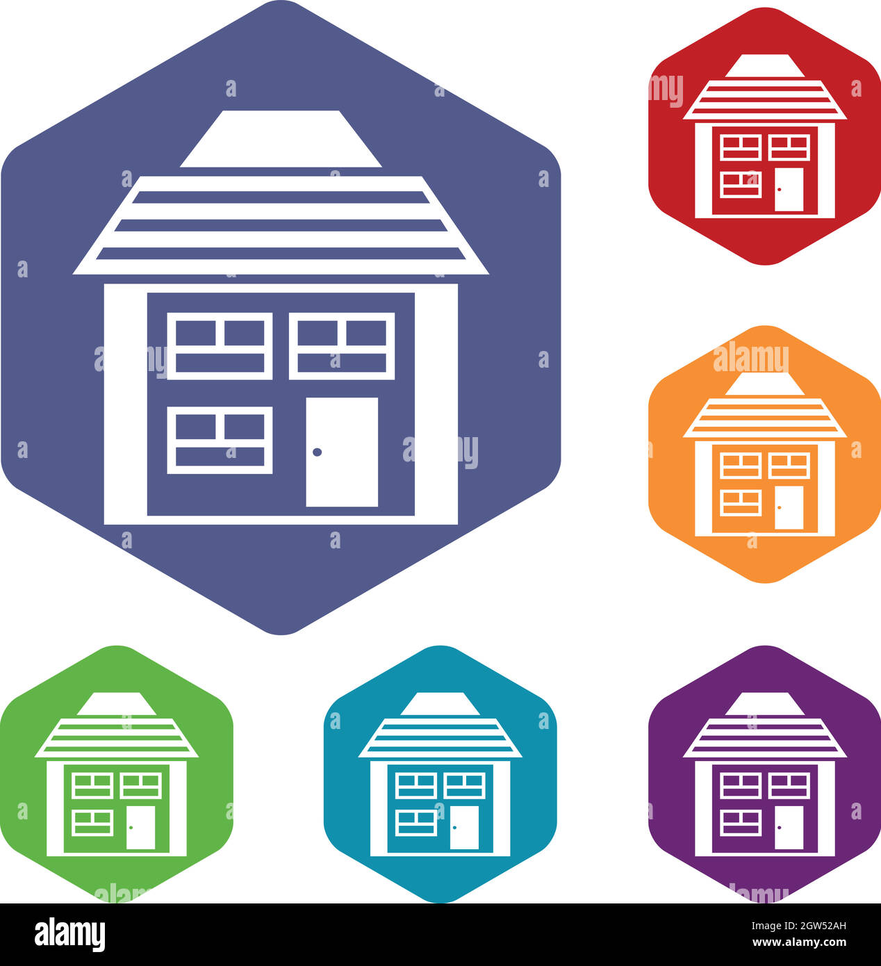 Two-storey house with sloping roof icons set Stock Vector