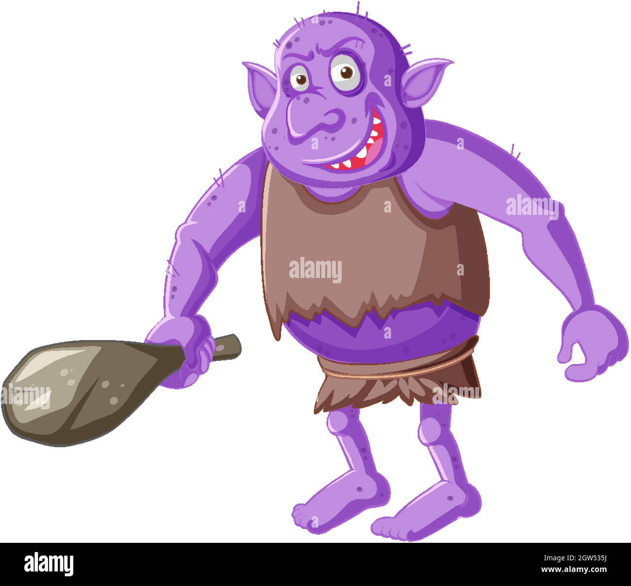 Purple goblin or troll holding hunting tool in cartoon character