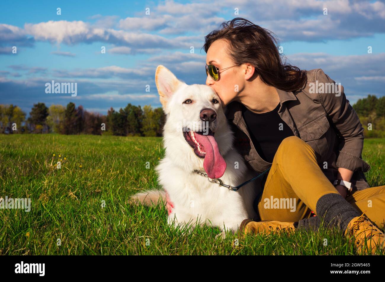 Young Attractive Girl With Her Pet Dog, Colorised Image Stock Photo
