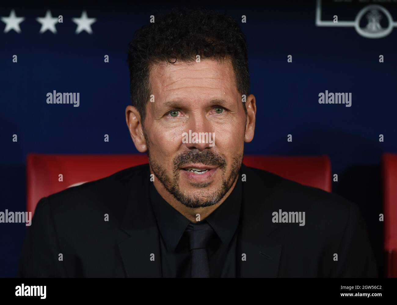 Madrid, Spain. 2nd Oct, 2021. Atletico de Madrid's coach Diego Simeone reacts before a Spanish first division league football match between Atletico de Madrid and FC Barcelona in Madrid, Spain, on Oct. 2, 2021. Credit: Gustavo Valiente/Xinhua/Alamy Live News Stock Photo