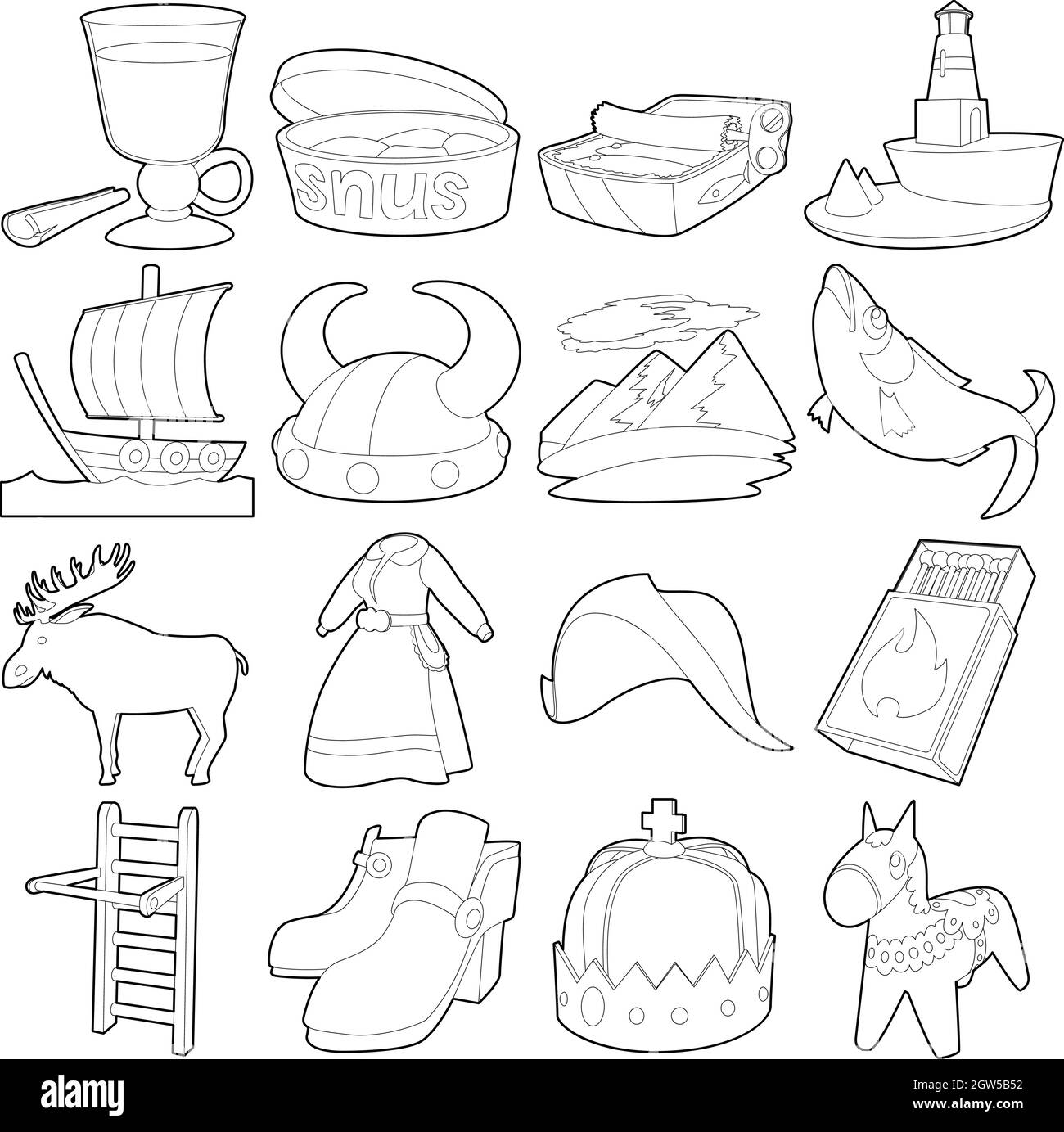 Sweden travel symbols icons set, outline style Stock Vector