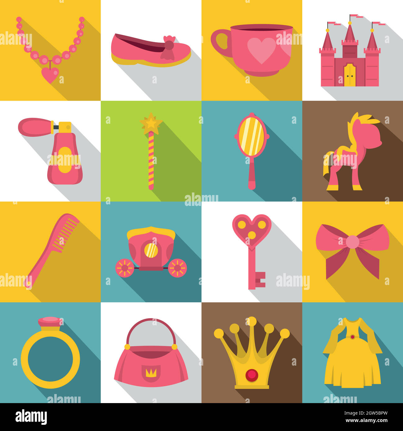 Doll princess items icons set, flat style Stock Vector