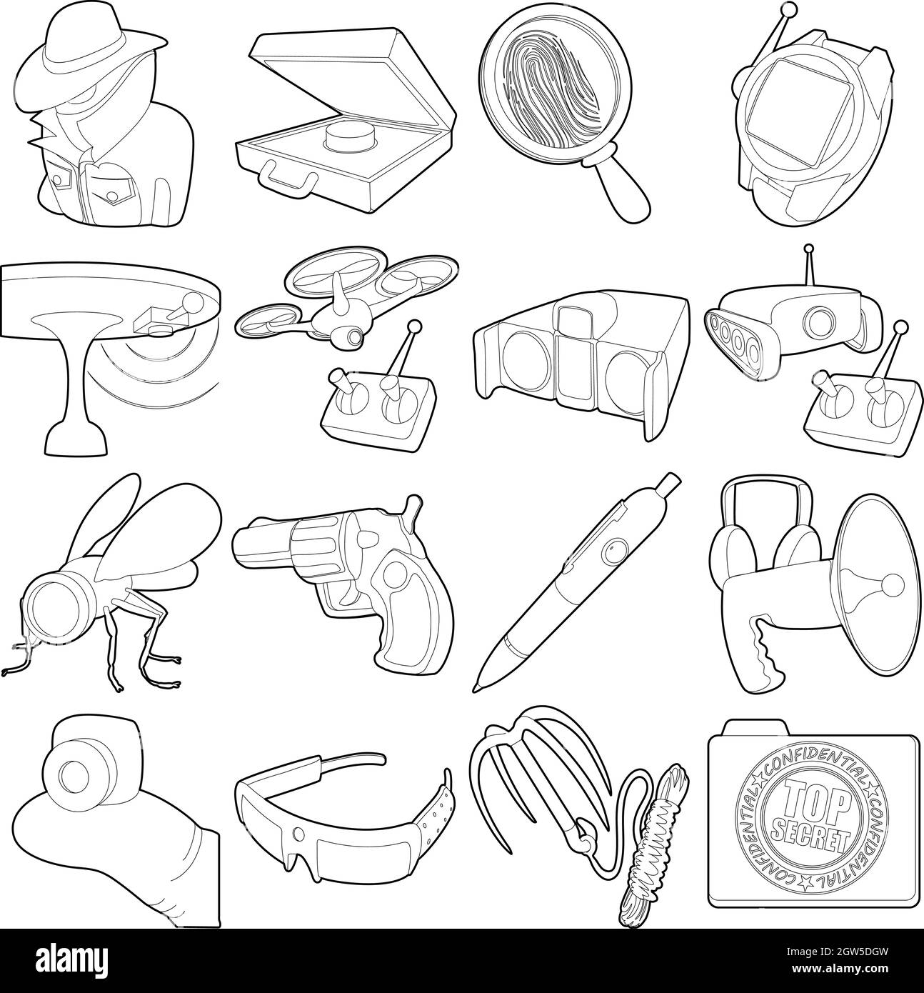Spy and security icons set, outline style Stock Vector