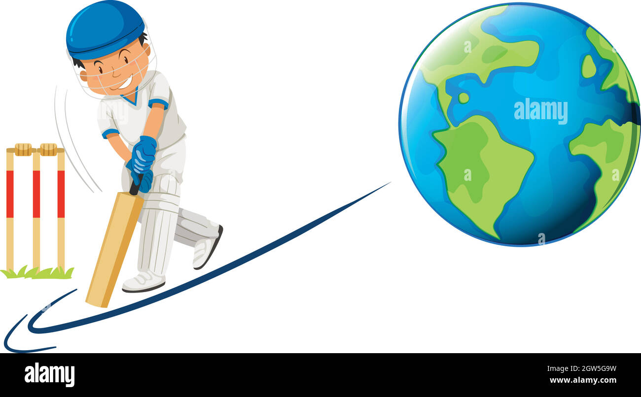 Man playing cricket on earth Stock Vector
