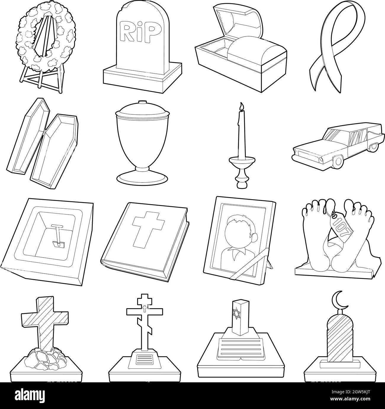 Funeral icons set, outline style Stock Vector