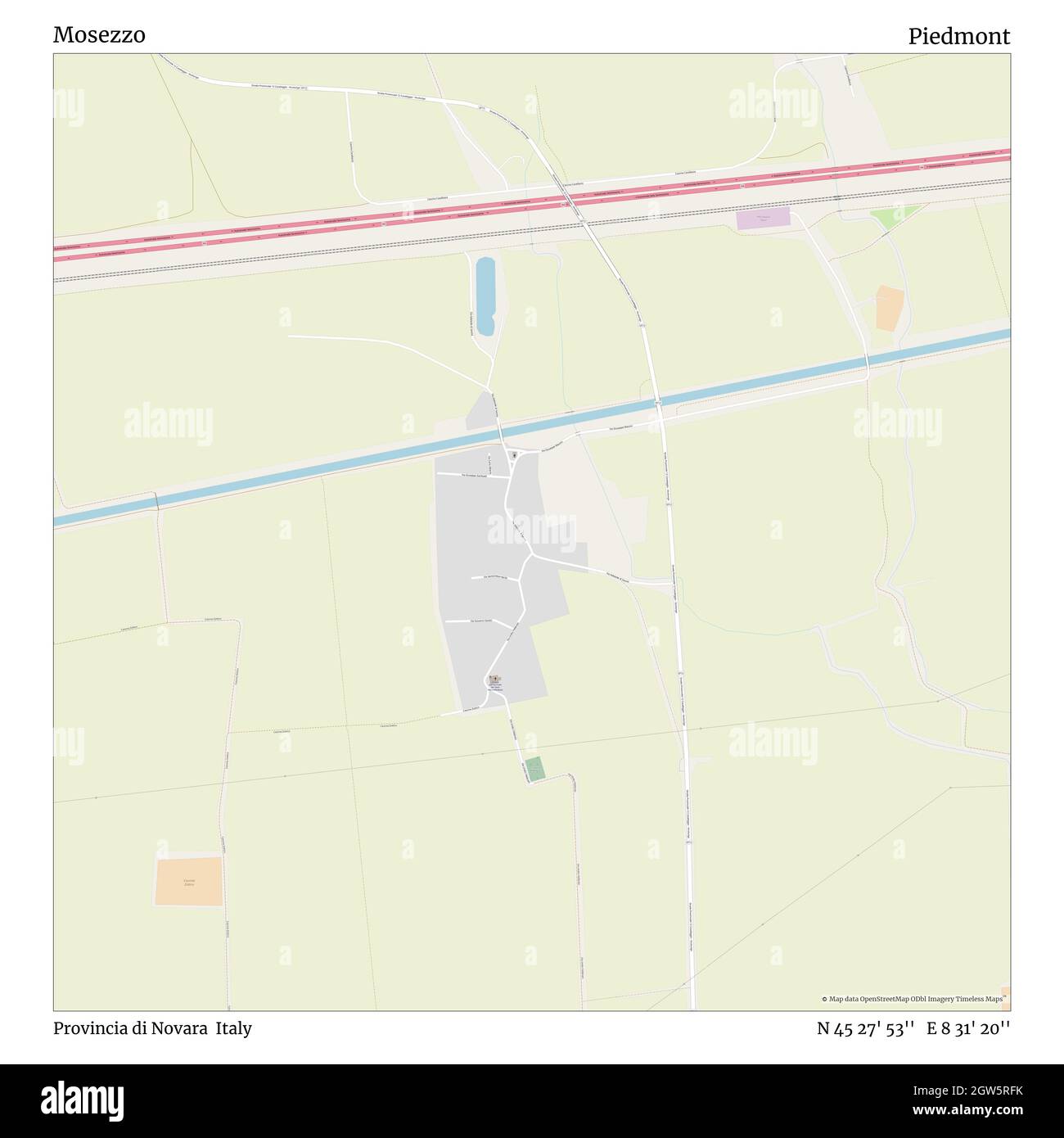 Mosezzo, Provincia di Novara, Italy, Piedmont, N 45 27' 53'', E 8 31' 20'', map, Timeless Map published in 2021. Travelers, explorers and adventurers like Florence Nightingale, David Livingstone, Ernest Shackleton, Lewis and Clark and Sherlock Holmes relied on maps to plan travels to the world's most remote corners, Timeless Maps is mapping most locations on the globe, showing the achievement of great dreams Stock Photo