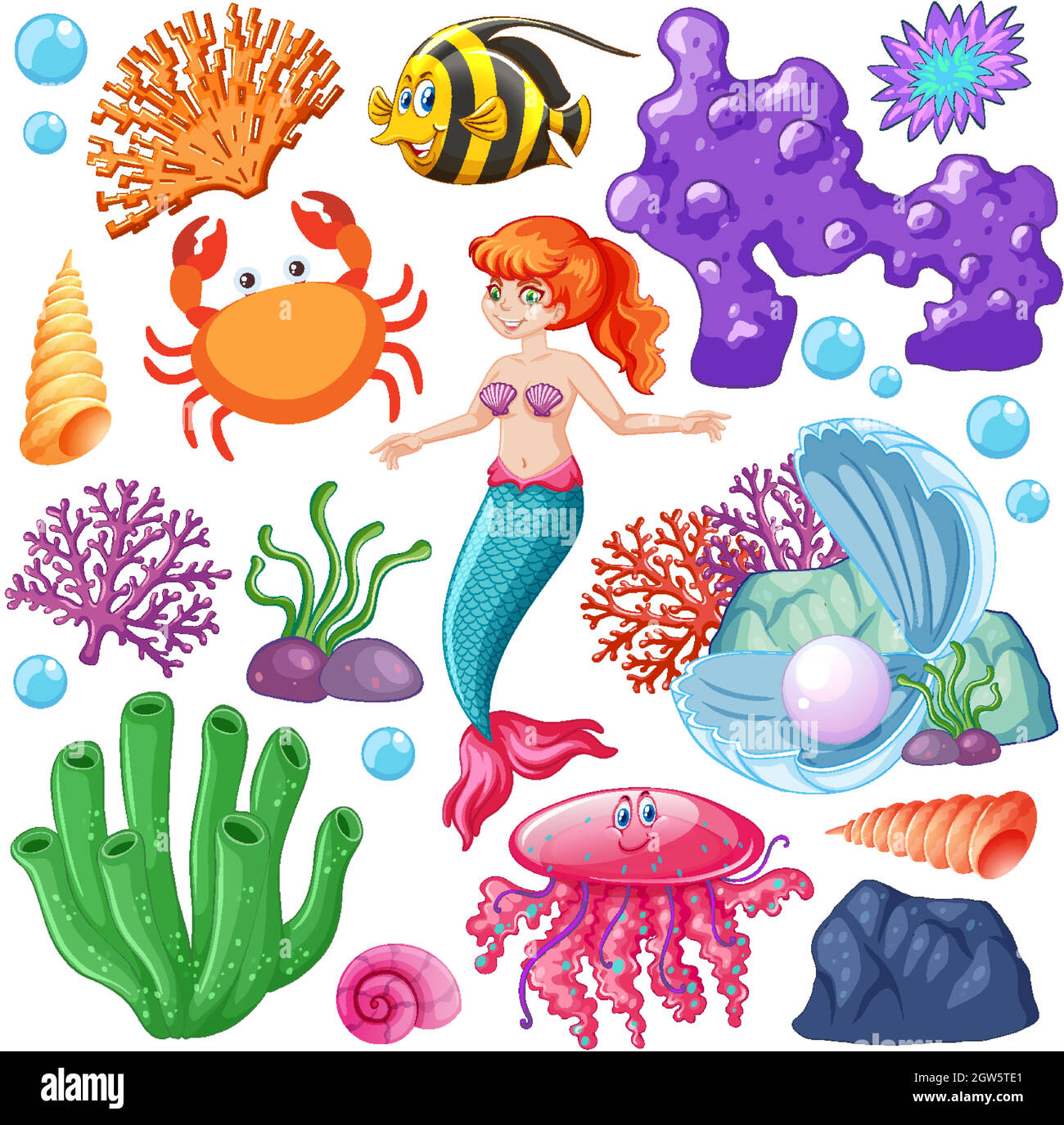 https://c8.alamy.com/comp/2GW5TE1/set-of-sea-animals-and-mermaid-cartoon-character-on-white-background-2GW5TE1.jpg
