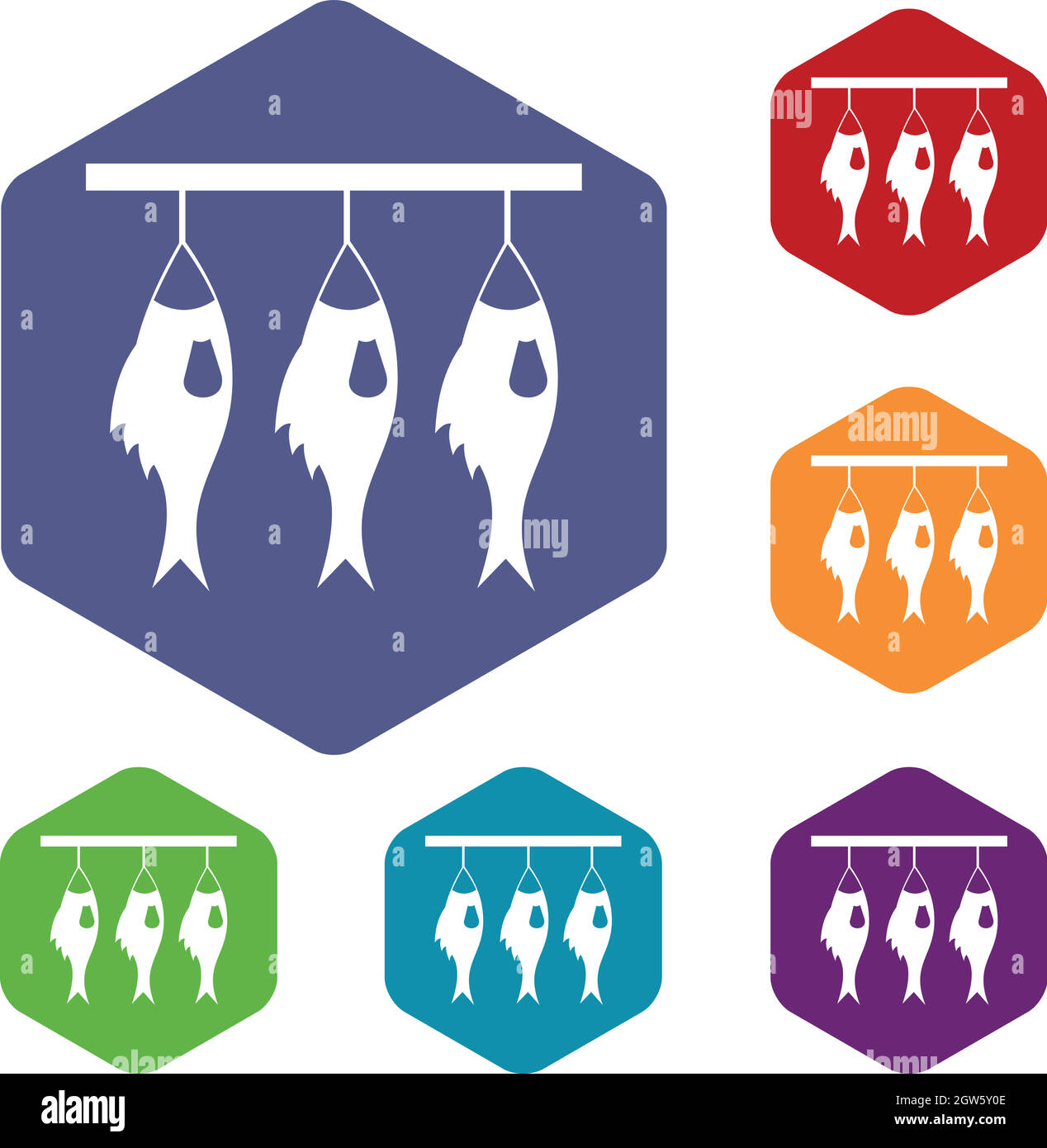 Three dried fish hanging on a rope icons set Stock Vector