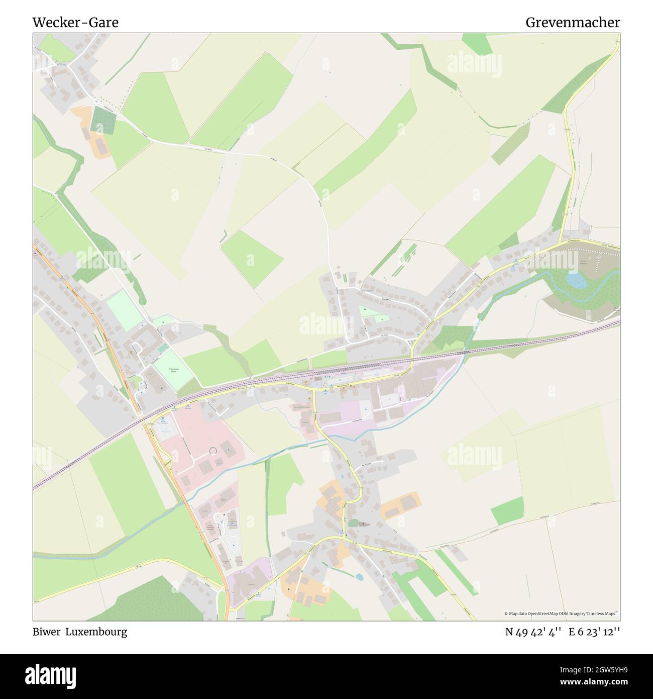 Wecker-Gare, Biwer, Luxembourg, Grevenmacher, N 49 42' 4'', E 6 23' 12'', map, Timeless Map published in 2021. Travelers, explorers and adventurers like Florence Nightingale, David Livingstone, Ernest Shackleton, Lewis and Clark and Sherlock Holmes relied on maps to plan travels to the world's most remote corners, Timeless Maps is mapping most locations on the globe, showing the achievement of great dreams Stock Photo